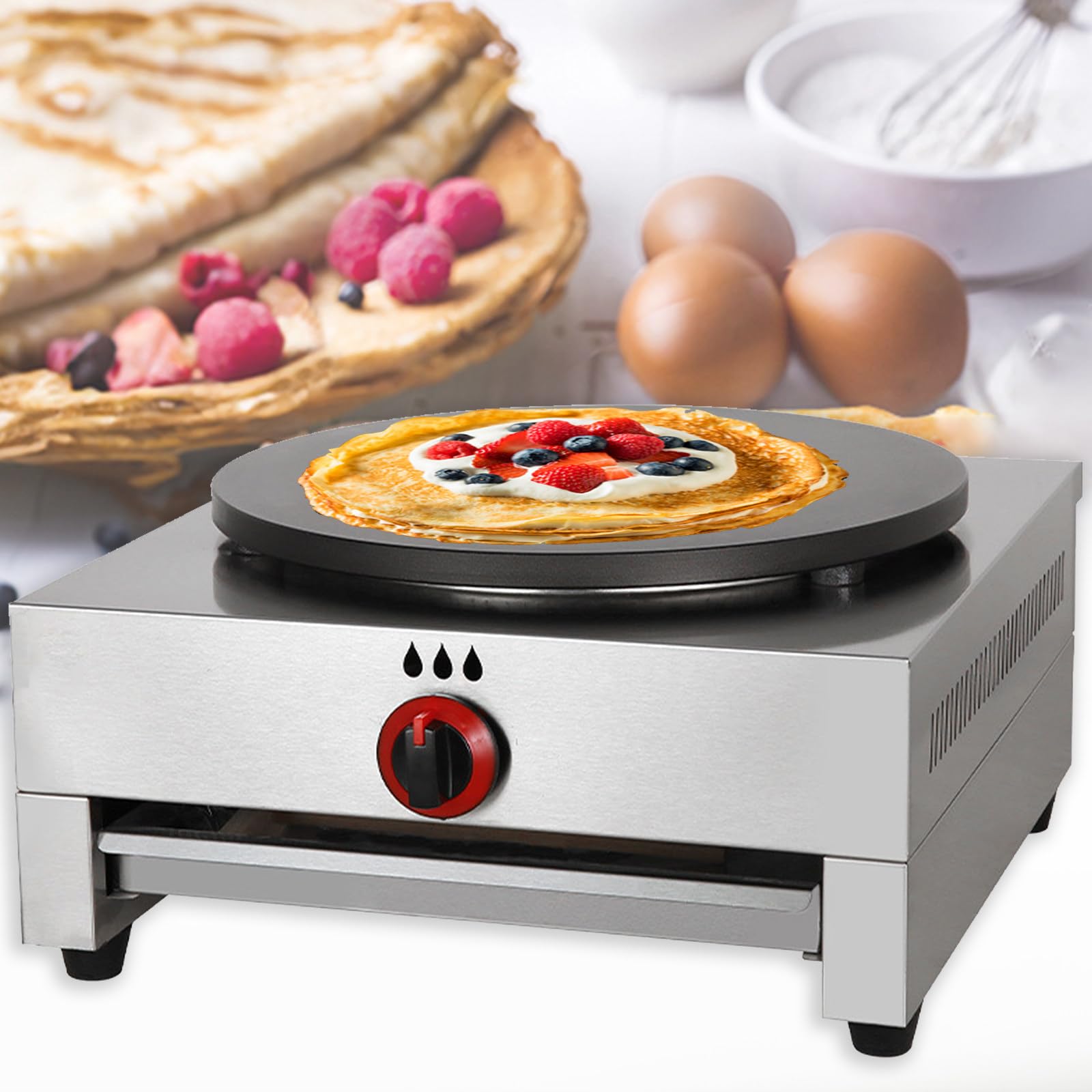 Máquina para Hacer Crepes, máquina Comercial para Hacer panqueques a Gas con área de cocción de 40cm, Temperatura Ajustables, esparcidor de Masa, sartén para Crepes, Tortilla, Blintzes