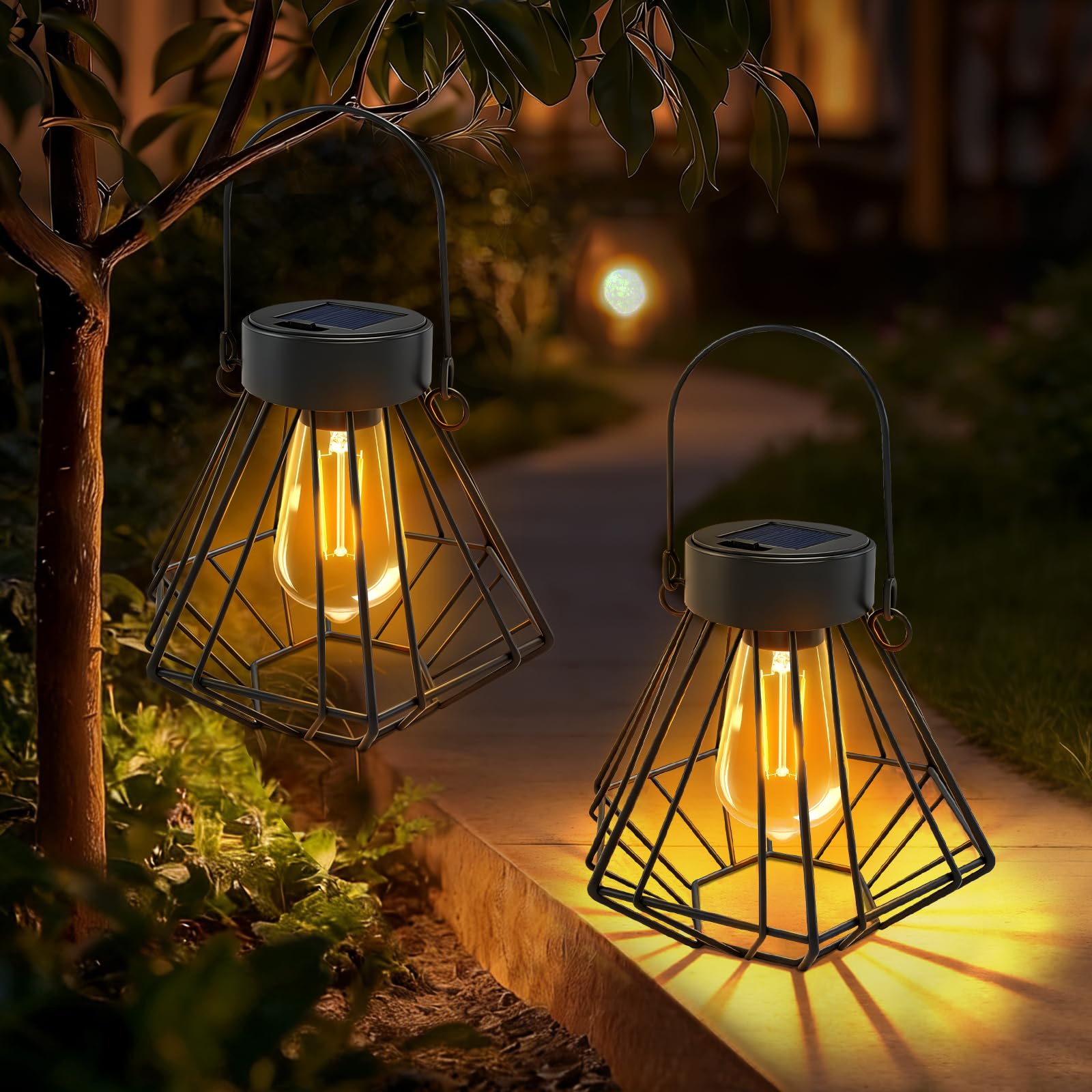 2 Piezas Farolillos Solares Exterior Colgante/De Pie, Farolas Solares Exterior de Metal, IP65 Impermeable Lampara Solar Exterior, Decorativa Lamparas Solares Exterior para Jardin,Balcón,Terraza,Porch