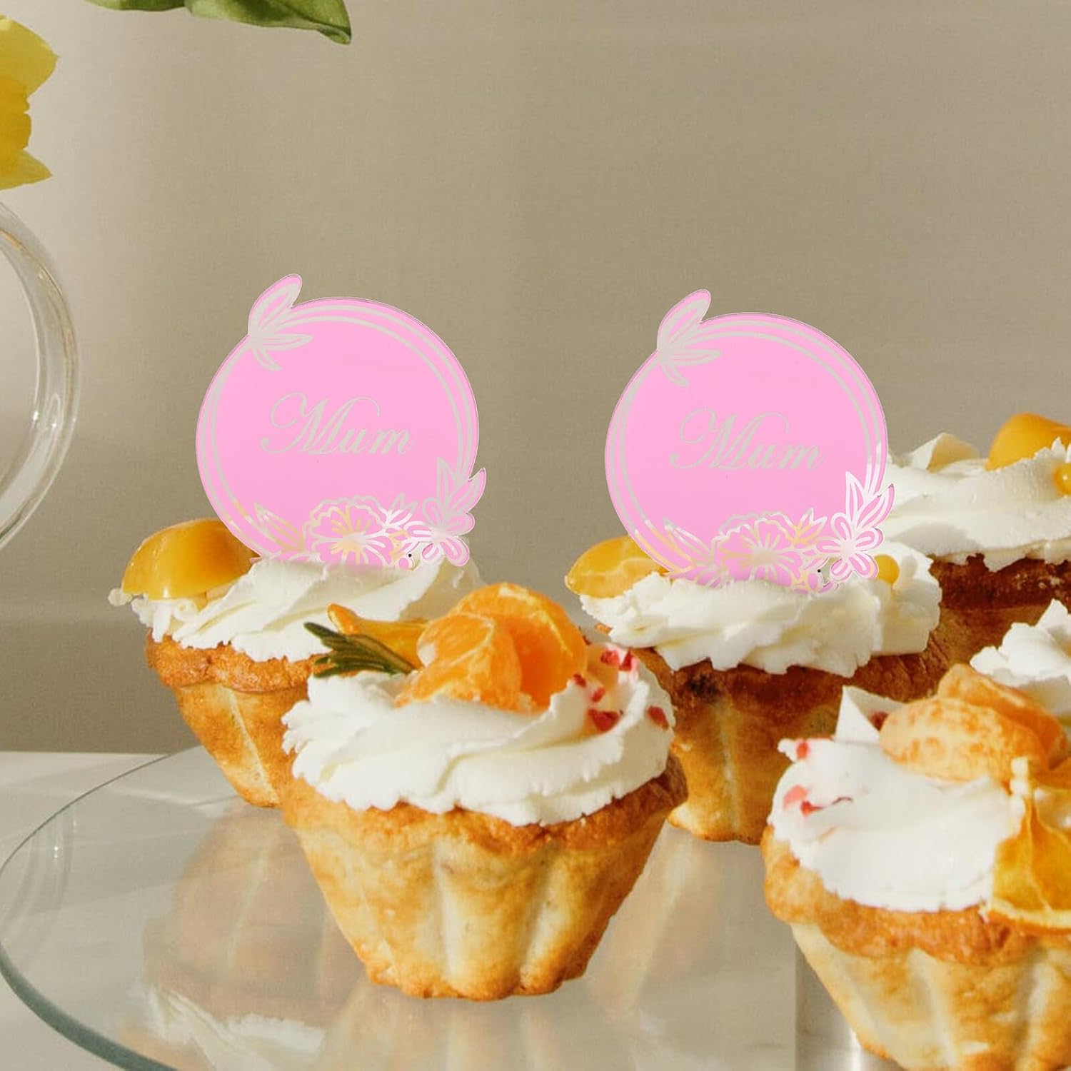 20 Pcs Mother's Day Acrylic Cake Topper Set with Mirror Rose Red Disc, Non-edible Cupcake Decoration for Birthday Party and Dessert Celebration