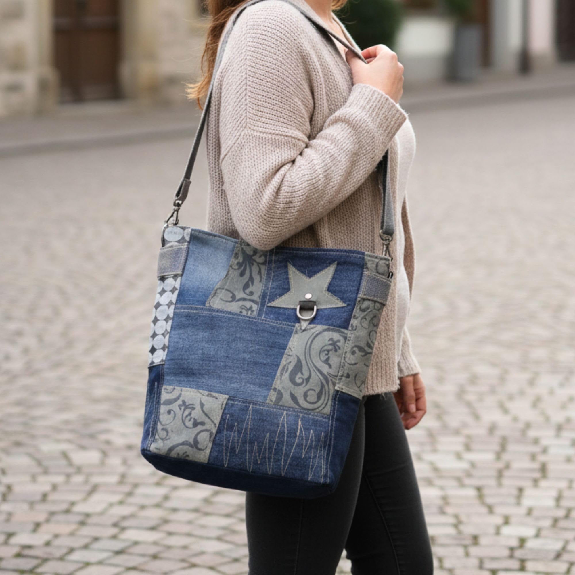 Sunsa Damen Umhängetasche. Große Nachhaltige Jeanstasche. Patchwork Tasche