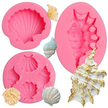 MUYULIN Seashell Chocolate Silicone Molds, 3 Packs Large Conch Fondant Baking Molds for Sea Theme Cake Decoration, Cupcake Toppers, Candy Polymer Clay Resin
