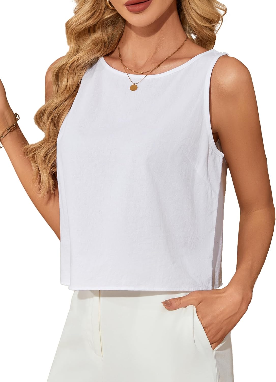 Womens Cotton Linen Cropped Tank Tops Sleeveless Loose Fit Blouses Basic Shirt