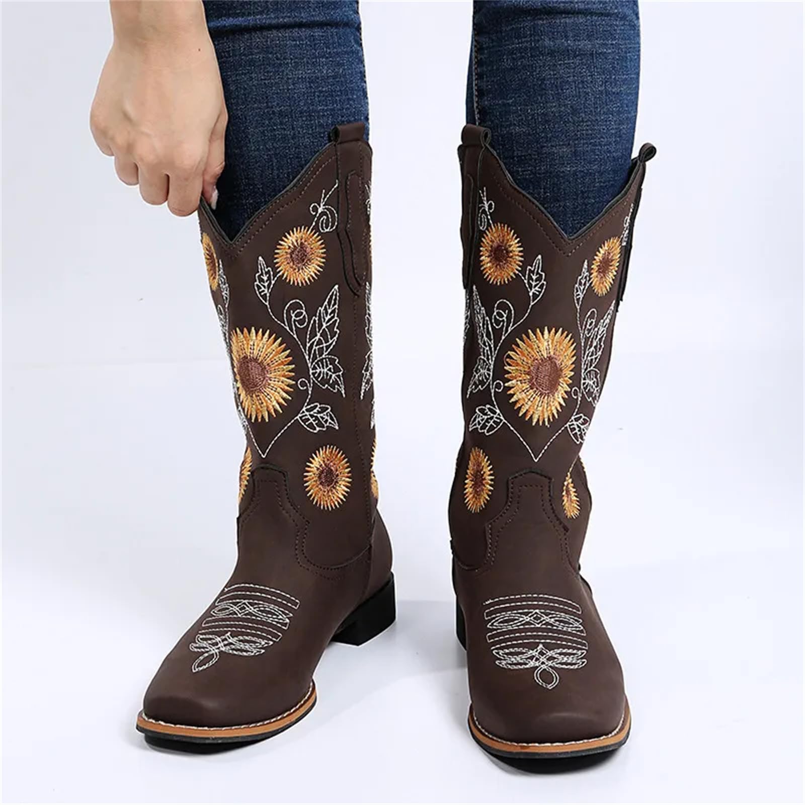 Lmtossey Donne Fiore Ricamo Scarpe Slip-On Stivali da Equitazione Lady Square Heel Mid-Polpaccio Boot Femminile Inverno Sottile Peluche Scarpa