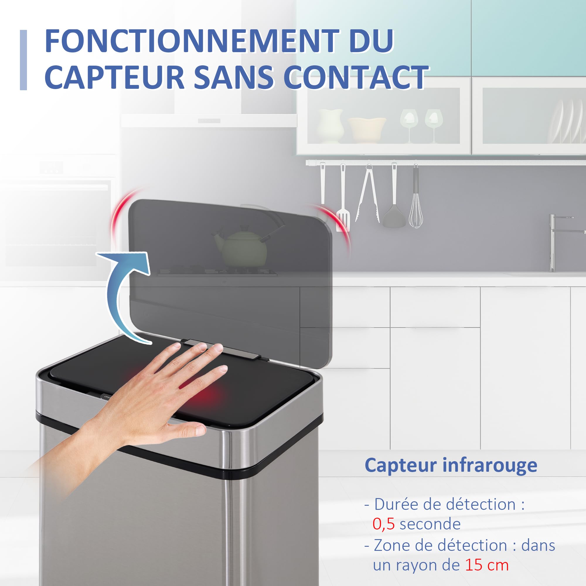 HOMCOM Poubelle de cuisine automatique Tri Sélectif 72L avec 3 compartiments - en acier inox - 42 x 30 x 81 cm