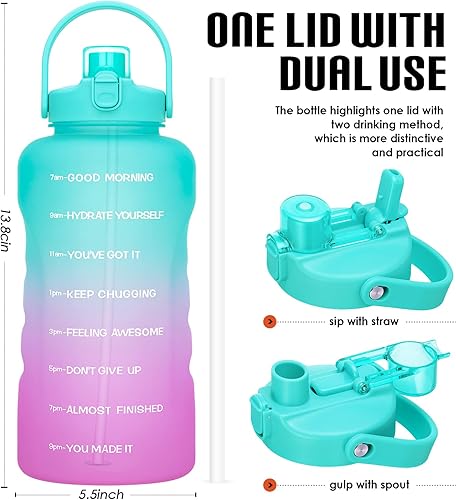 Miniatura 2 de Botella de agua de un galón con popote, 128onzas (3.8L), libre de BPA - Innovadora botella deportiva con tapa 2en 1con recordatorios motivacionales