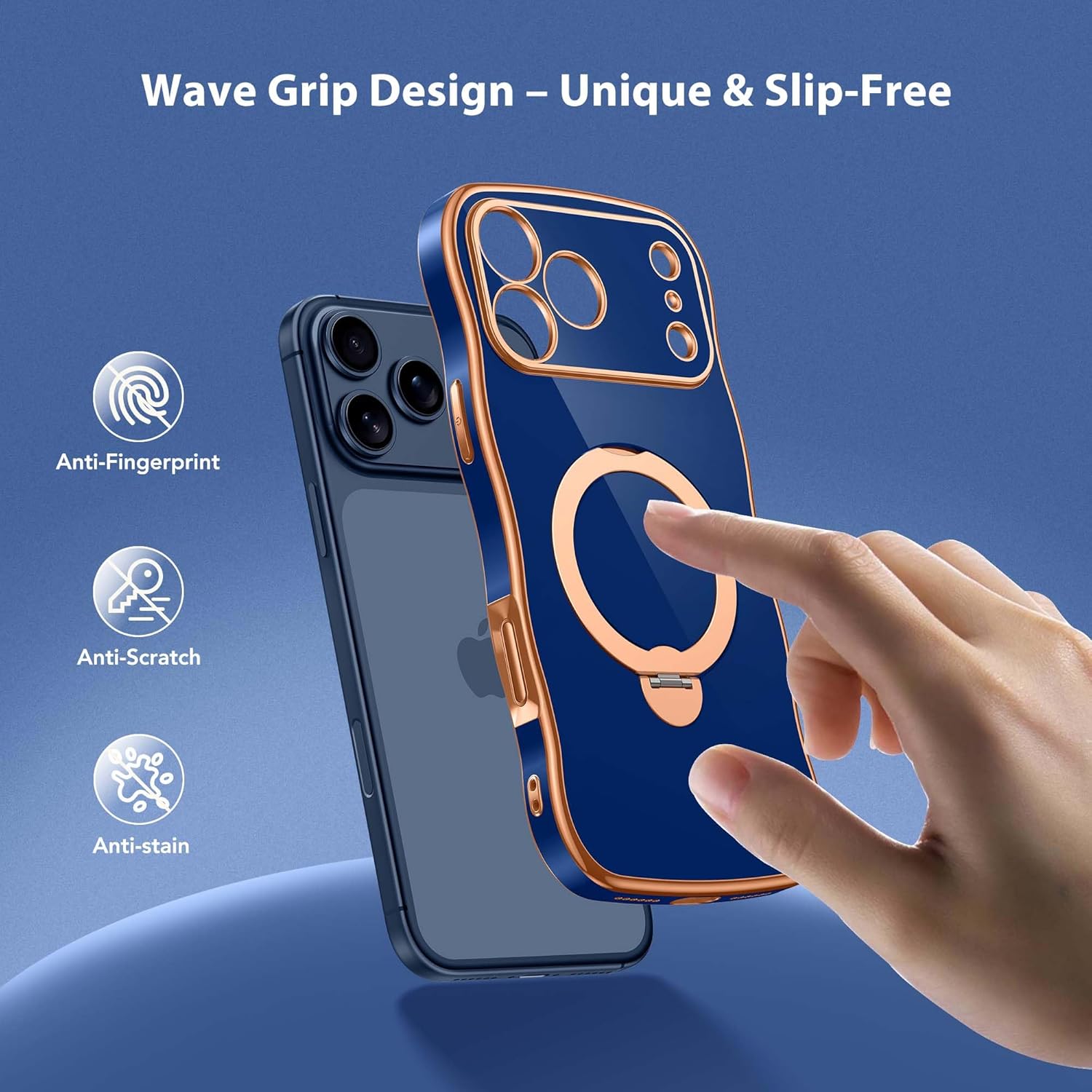 GolbinBox Magnetic for iPhone 17 Pro Max Case with 360° Spin Stand, [Compatible with MagSafe][Camera Protection][18FT Military Protection] Cute Wave Slim Plating Phone Case for 17 ProMax, Blue - Image 9