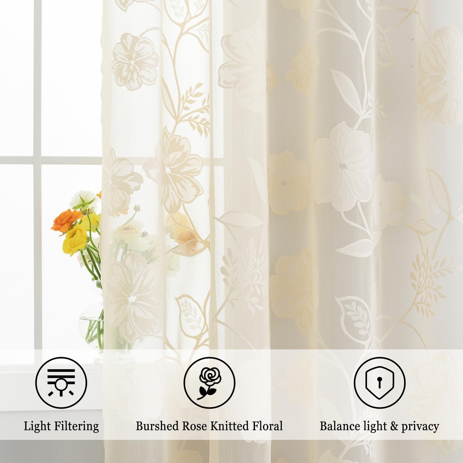 Ivory Sheer Lace Curtains for Bedroom Living Room Studio 84inch Long Vintage Rose Floral Embroidered Semi Sheer Curtain Panels Privacy Leaf Sheer Drapes with Scalloped Edge Beige, 54"w 2pcs 7ft