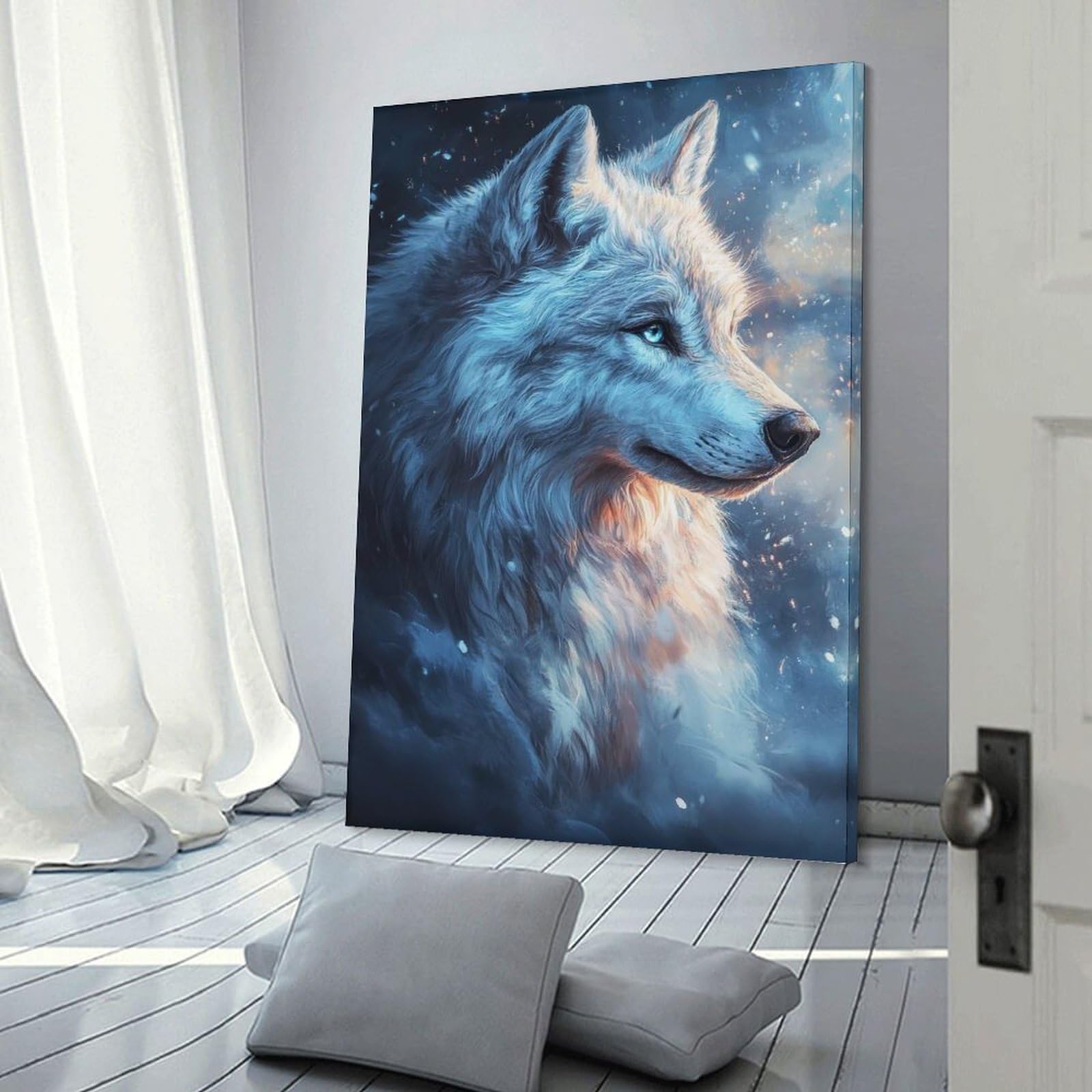 Junmoney Frame-Style-9 White Wolf Portrait Wall Picture Print 12X18inch(30X45cm), For Lounge Decor, Offices Or Entryway Styling, Versatile Wall Decor For Many Rooms