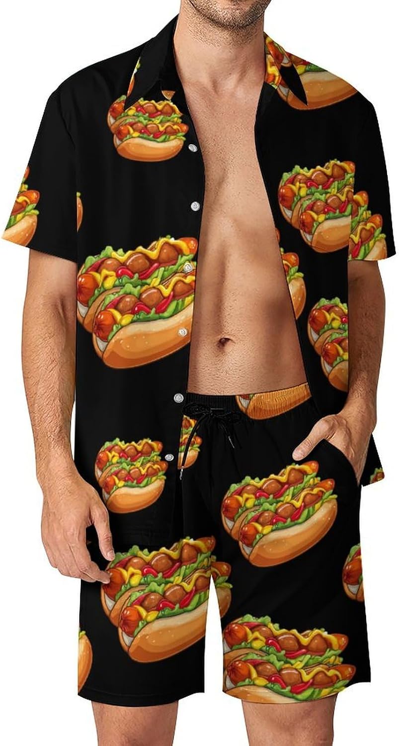 Hot Dog Hotdog Meatbal Buns Men's Summer Beach 2 Piece Outfits | hawaiian button down shirt and shorts,vacation cruise,mens bathing suit