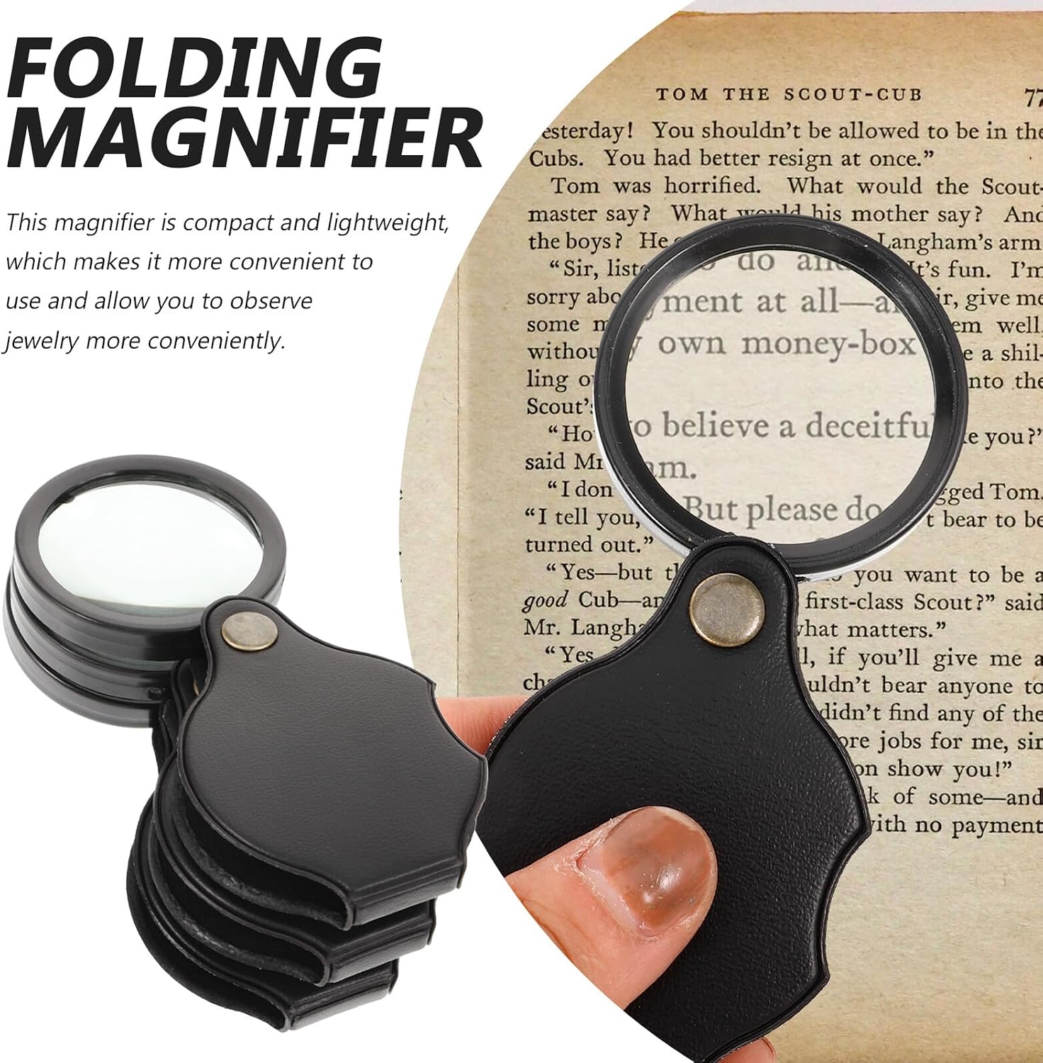 Cabilock 12pcs Folding Pocket Magnifier 10x 50mm Small Handheld Jewelry Loupe with Leather Case Black for Watch Repair and Jewelry Identification