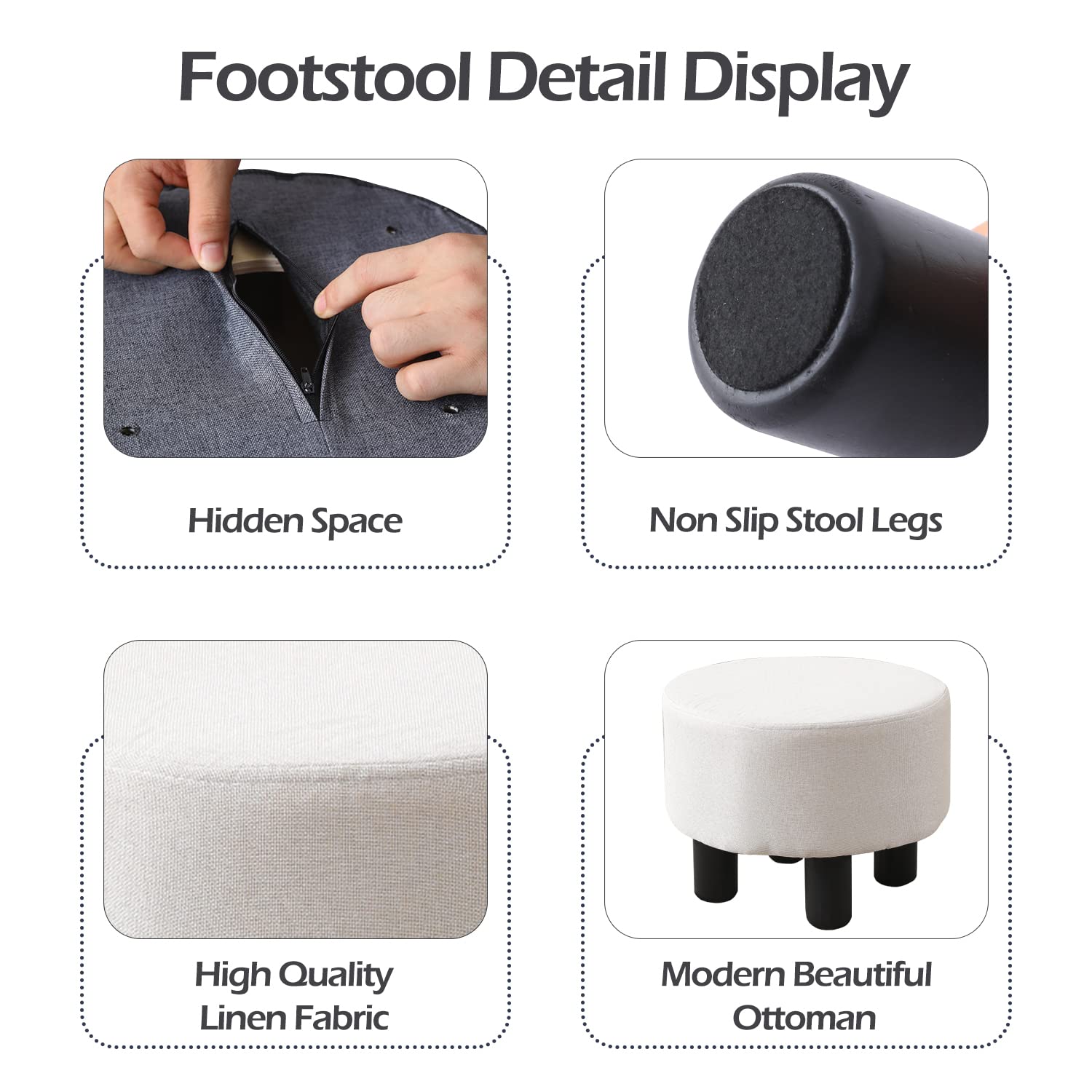 CPINTLTR Linen Ottoman Round Footrest Stool Upholstered Step Stool Ottomans Sofa Stool 4 Wood Legs with Anti-Slip Pads Modern Accent Home Decor Suitable for Living Room Bedroom Entryway Beige