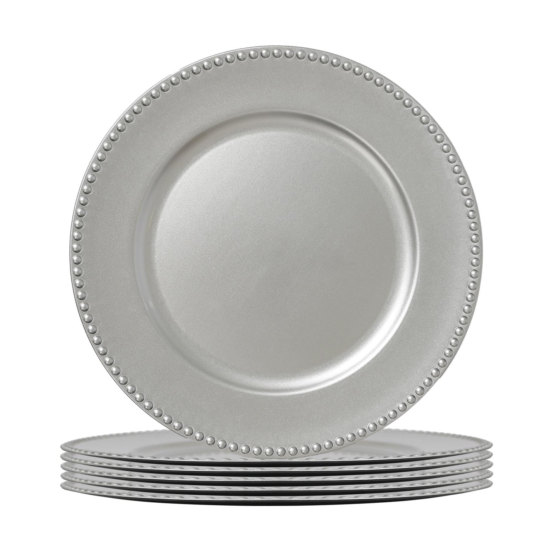 Argon Tableware Silver Charger Plates - 33cm - Dinner Set for 6 - Bead Design - Round Reusable Melamine Christmas Serving Dishes Large Dinnerware Christmas Plates Set for Party Celebrations, Weddings โ image 1