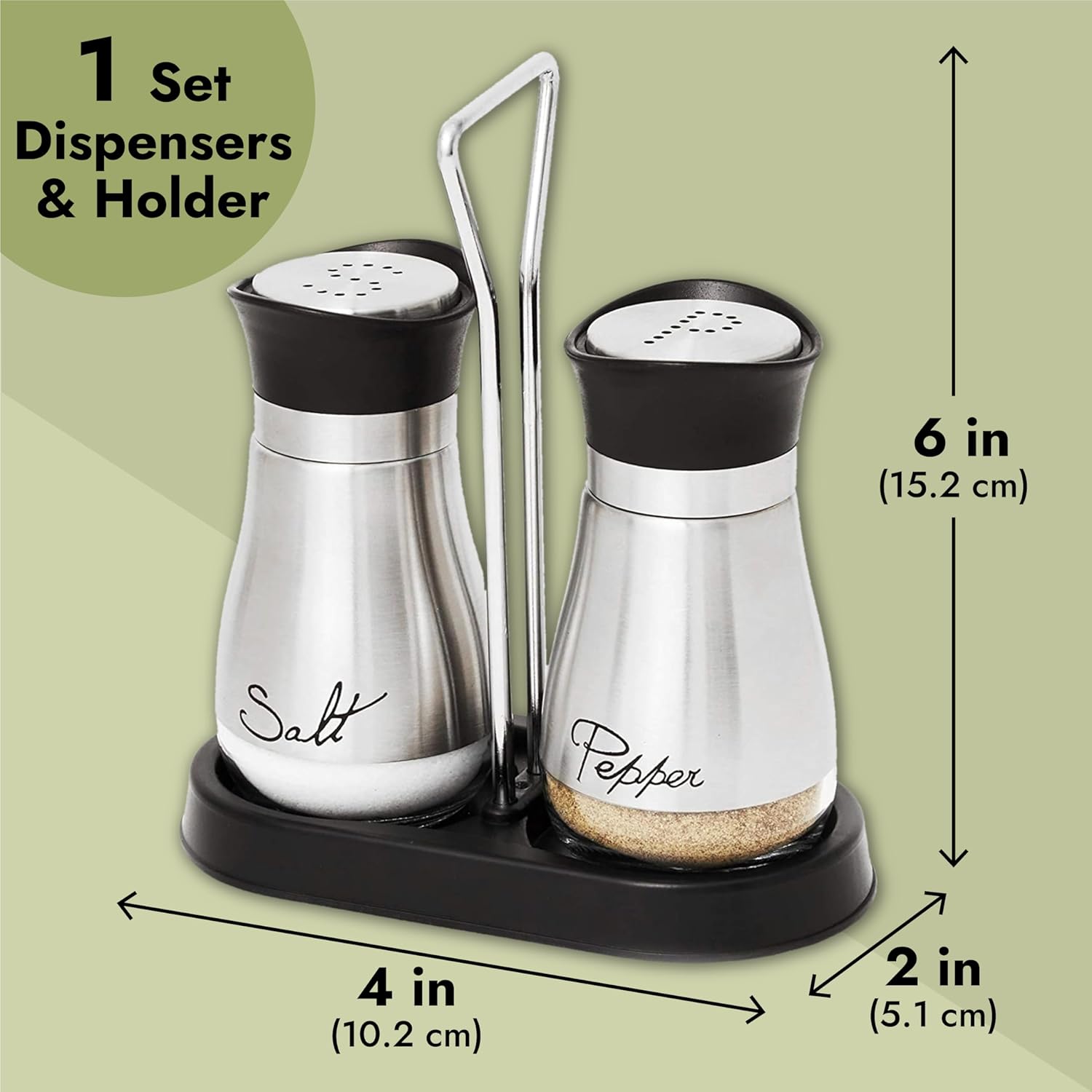 Juvale Stainless Steel Salt and Pepper Shakers Set with Holder, Refillable, Clear Glass Bottoms, Screw-Off Perforated S and P Caps for Kitchen Table Decor (4oz)