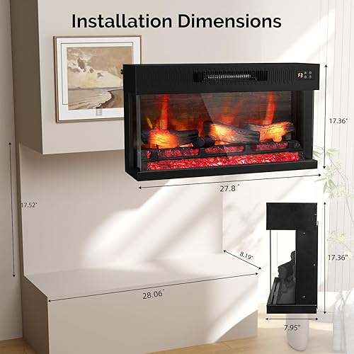 Miniatura 6 de Bonnlo Chimenea eléctrica de vidrio de 3 caras de 28 pulgadas de ancho con aplicación y control remoto, calentador de chimenea falso realista con 6