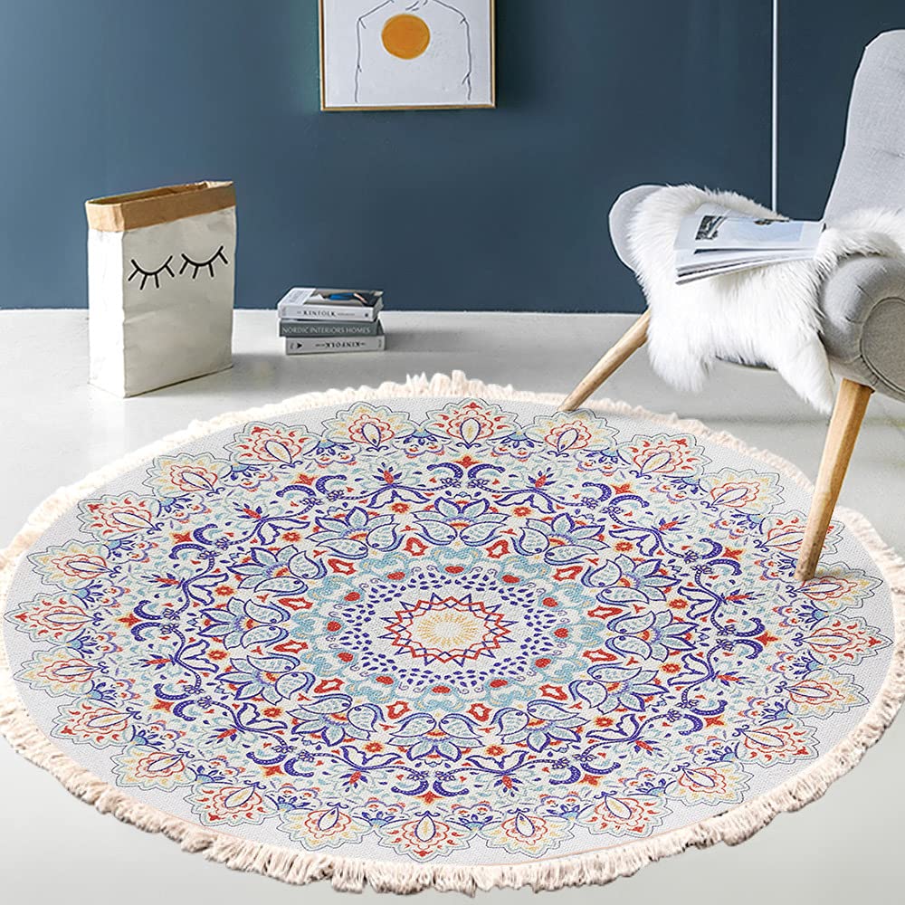 Vintage Boho Cotton Rugs, Mandala Pattern, Washable Hand Woven Bohemian Round Rug with Tassels for Bedroom Hallway