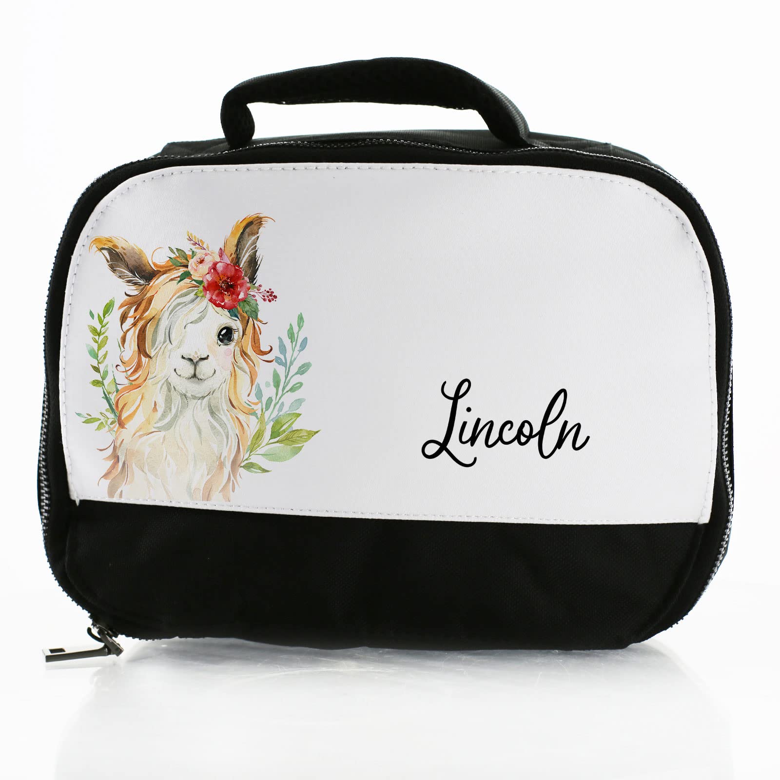 Hairyworm Personalised Bag, Black and White Insulated Lunch Bag Customised with Initial/Name/Text, Goat Red Flower Hair Design, Dinner Bag for School for Hot and Cold Food, Size: (18cm x 25cm x 8cm) — image 1