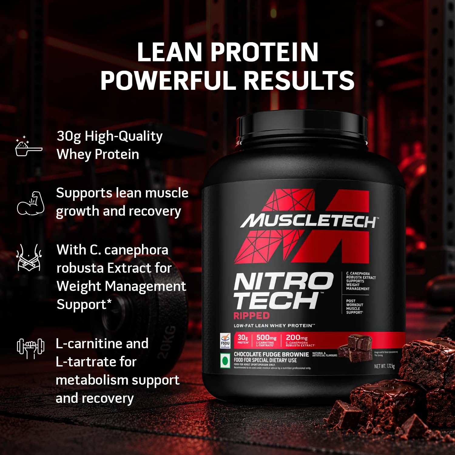 MuscleTech Nitrotech Ripped,1.72 Kg (3.8Lbs),Chocolate Fudge Brownie,Low Fat Lean Whey Protein,+ Weight Management,30 G From Whey Protein,500 G (L-Carnitine & L-Tartrate),200 Mg C,41 Servings — Amazon image 2