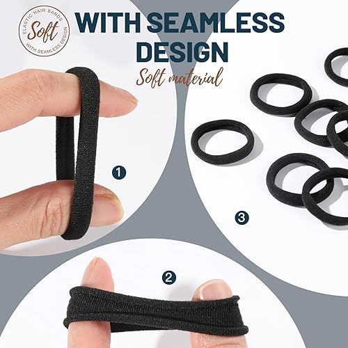 Miniatura 3 de Lazos negros para el cabello, 30 bandas gruesas sin costuras, bandas elásticas para el cabello que no dañan la cola de caballo para mujeres y niñas