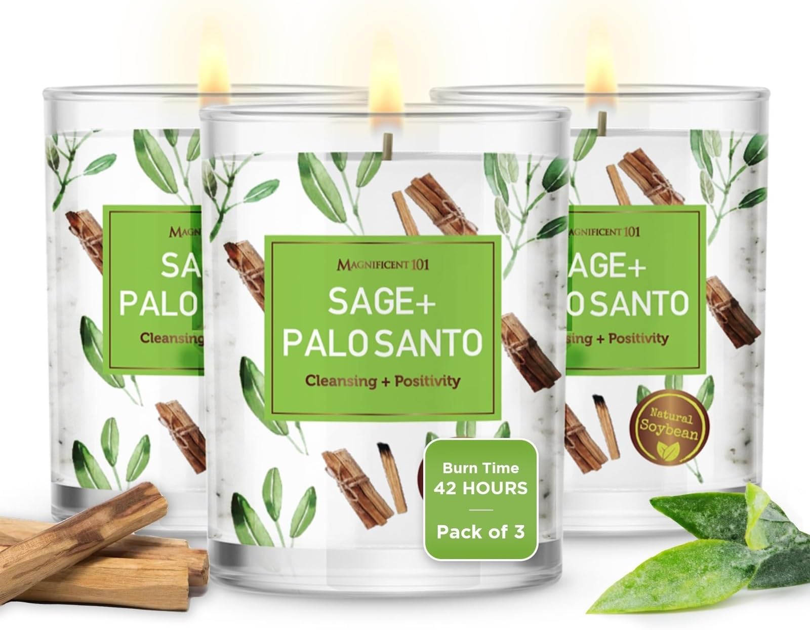 Magnificent 101 Sage & Palo Santo Candle Set - 3-Pack, 3.5 oz Each, 42h Burn - Natural Soy Candles for Energy Cleansing & Manifestation - Aromatherapy & Meditation Accessories
