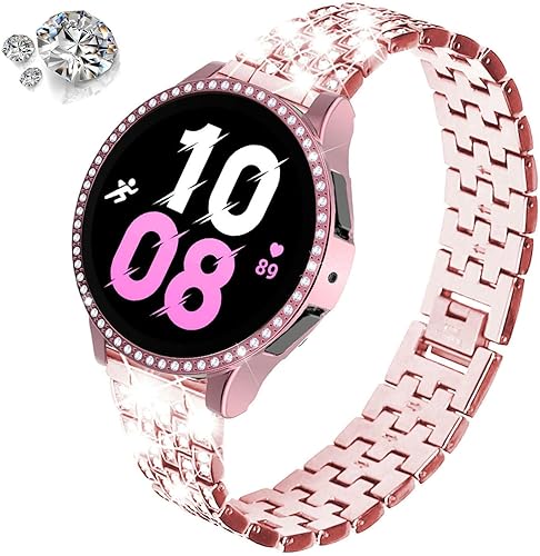 Vista 174 de Correas compatibles con Samsung Galaxy Watch FE / 5/4 de 1.575 pulgadas, correa de metal con diamantes de imitación brillantes de 0.787 pulgadas