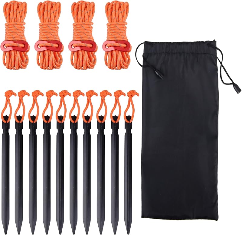 Estacas de aluminio para tienda de campaña y líneas reflectantes con tensores de cable para tienda de campaña para acampar, senderismo, mochilero (naranja)