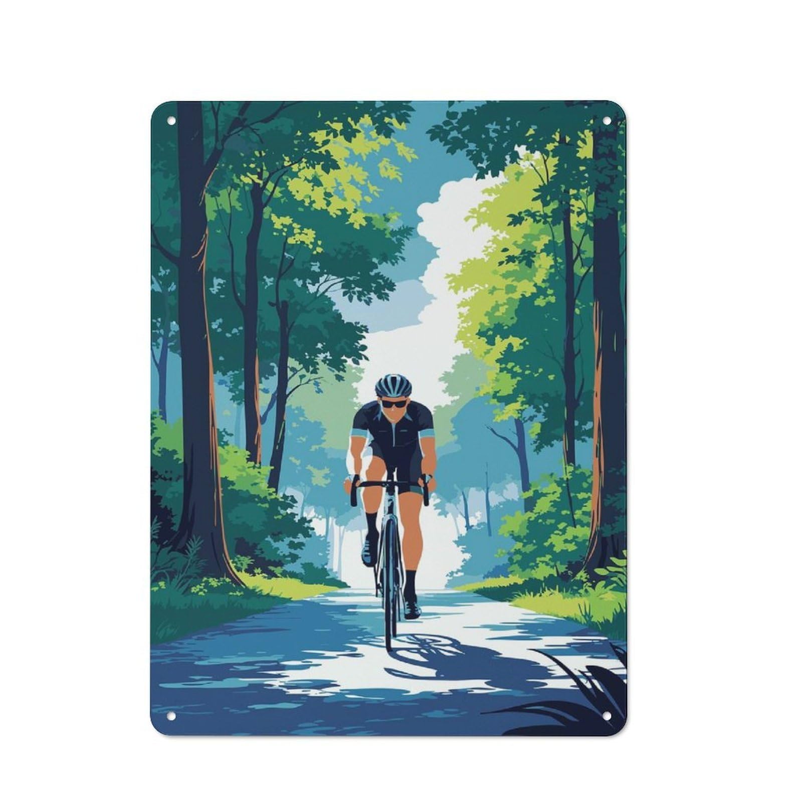 Junmoney Style-14 Tin Wall Plaque 40X30cm With Cyclist In Forest Illustration For Guest Room Or Hallway, A Decorative Christmas Gift For Home Decor Collectors