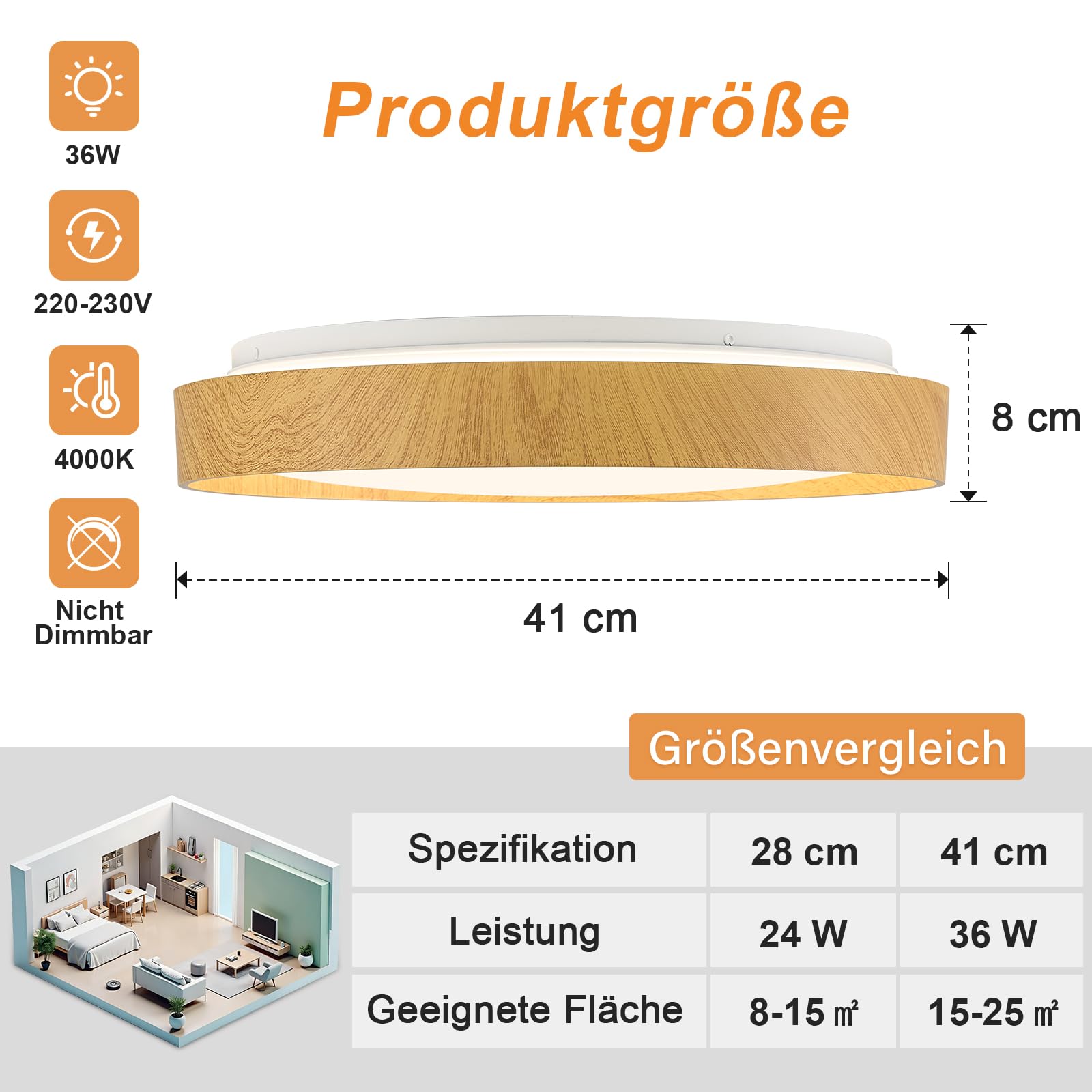 Qamra Plafón LED de Techo, Lámpara de Techo Redondo de 41 cm, Lámpara de Techo Metálica Moderna con Acabado de Madera para Sala de Estar, Cocina, Comedor, Dormitorio, Pasillo, Lavadero, 4000K, 36W