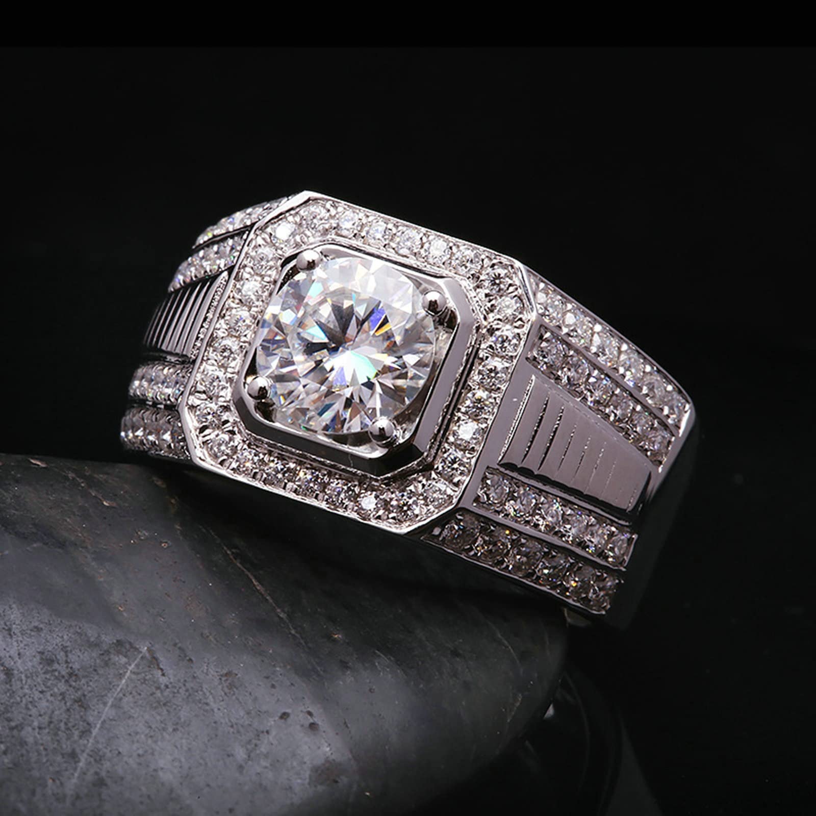 Anello Uomo Fidanzamento, Anello Oro Bianco 18K Largo Lusso Rotonda con Moissanite 2ct Anello Vintage Uomo