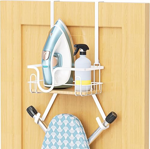 Miniatura 10 de Soporte para tabla de planchar para montaje en pared, colgador de tabla de planchar sobre la puerta con cesta de almacenamiento, soporte de hierro