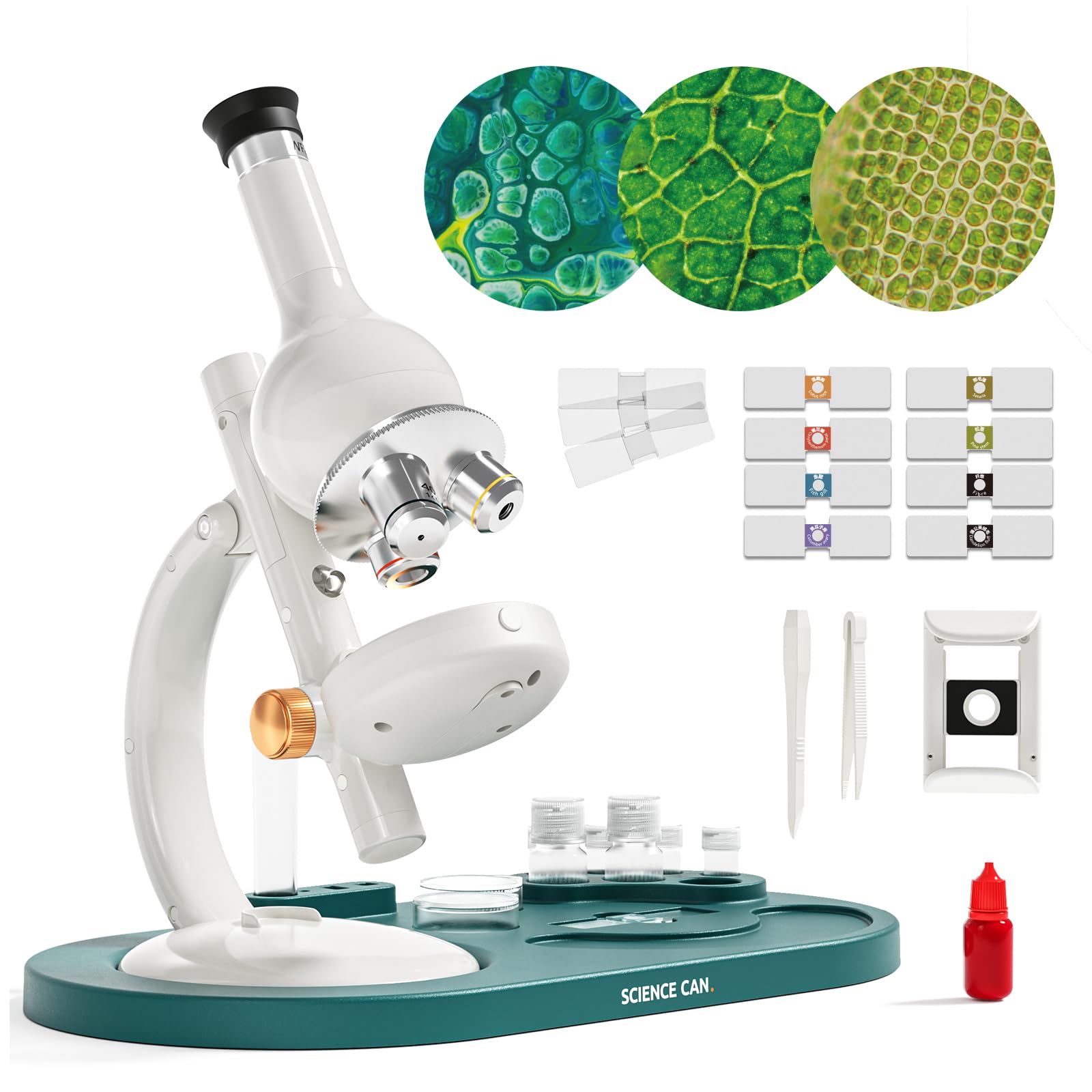 Science Can Microscope for Kids, 1600X Magnification LED Student Microscope with 8 Prepared Slides, Educational Science Lab Toy Great Birthday Gifts, Science Kits for Kids Ages 8-12