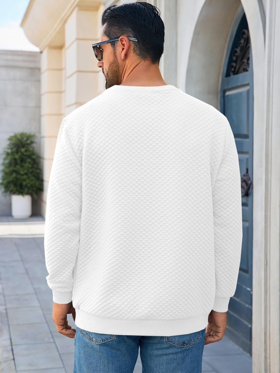 Runcati Mens Crewneck Sweatshirts Quilted Diamond Textured Pullover Long Sleeve Casual Fashion Sweatshirt - Image 3