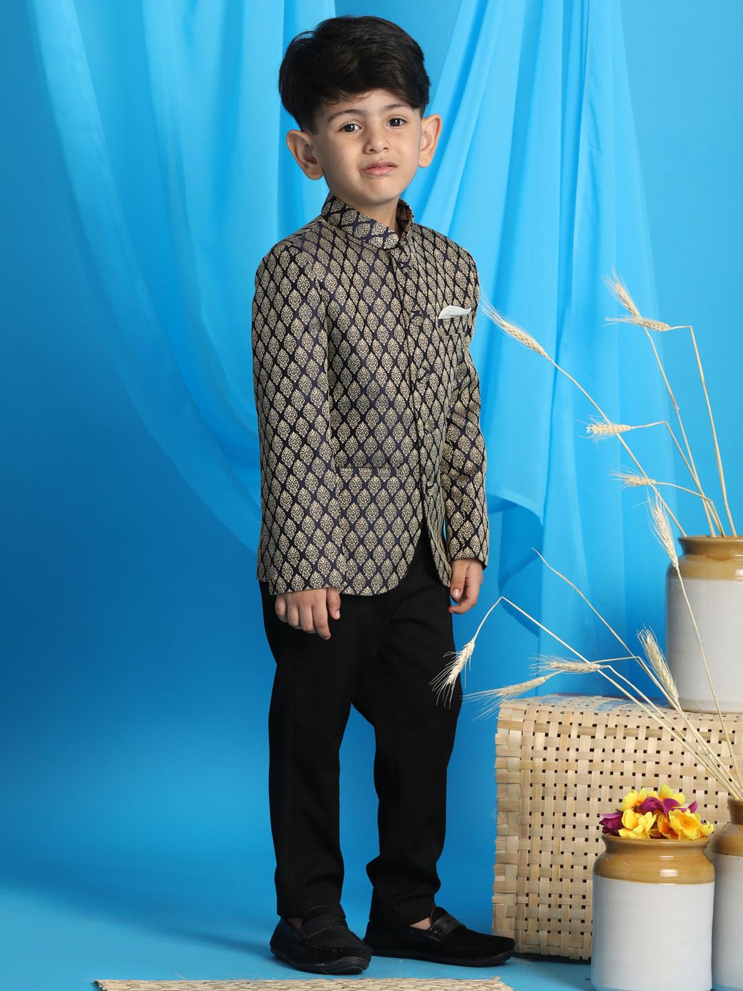 Jbn Creation Vastramay Boys' Navy Blue Jacquard Jodhpuri Bandhgala (B1386)