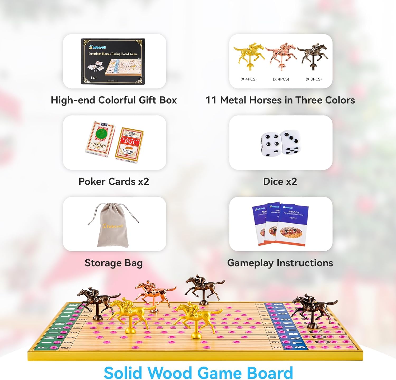 Luxurious Horse Race Board Game Horse Racing Board Game Metal Grommets with 11 Durable Metal Horses 2 Dice and 2 Boxes of Cards for Adult (Rose Grommets)