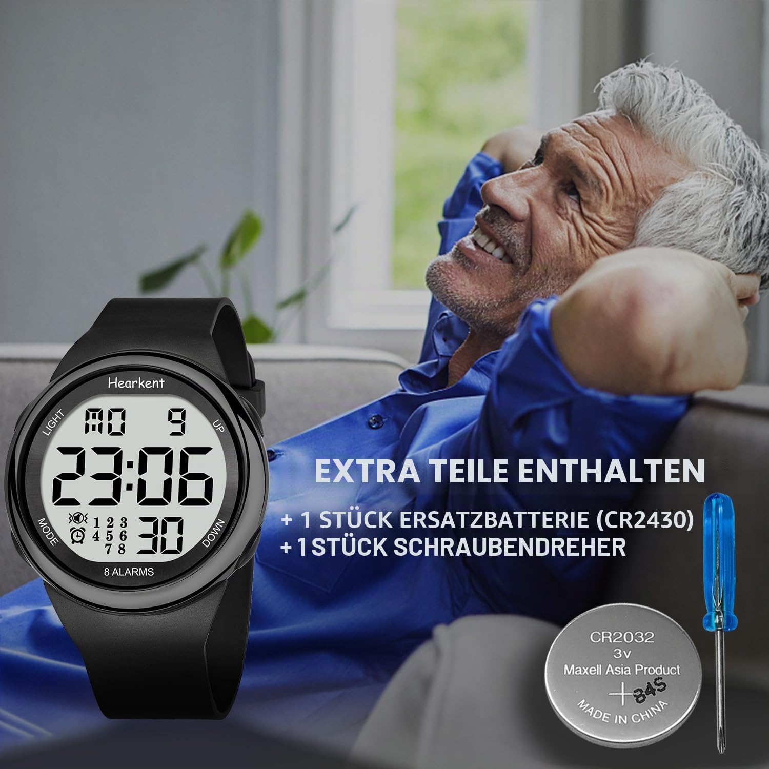 Hearkent Wasserdichte Uhr mit 8 Vibrationsalarmen, Medizin, Pillen-Erinnerung, Uhr für ältere Menschen, Senioren, LCD-Anzeige, große Zahlen mit Hintergrundbeleuchtung