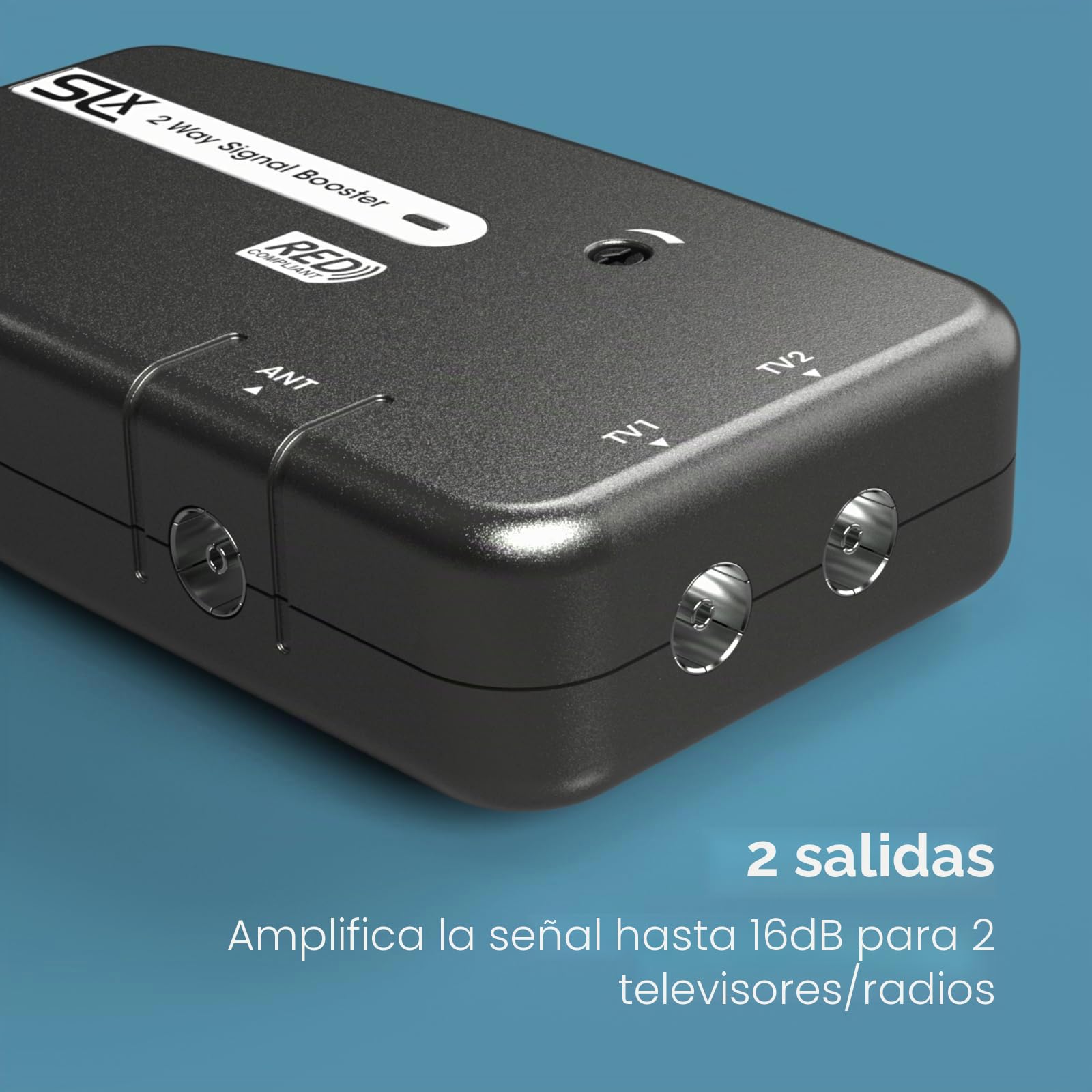 Amplificador de antena de señal de TV, amplificador de distribución de señal de 2 vías SLx con conexiones coaxiales, filtrado 4G y 5G, control de ganancia variable y eficiencia energética mejorada
