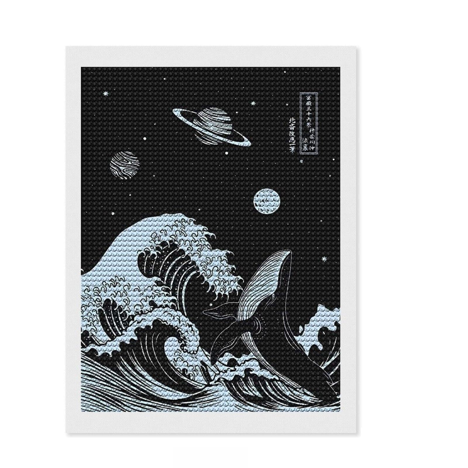 Junmoney Whale & Wave in Space Diamond Painting Kit 12"x16", Mindful Craft Activity, Neat Printed Canvas, Modern Decor, Gift Idea, Adhesive Canvas