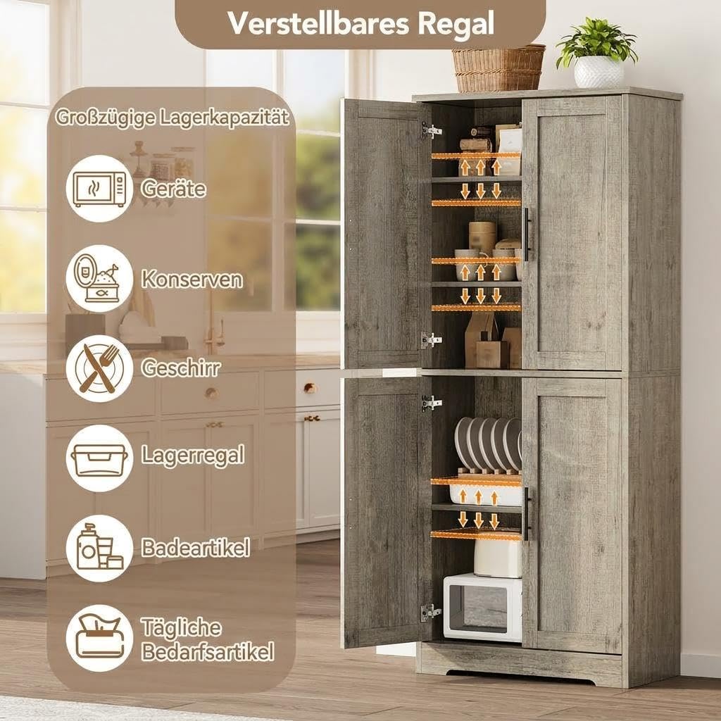 Garvee Küchenschrank 178 cm Mehrzweckschrank Vorratsschrank mit 4 Türen