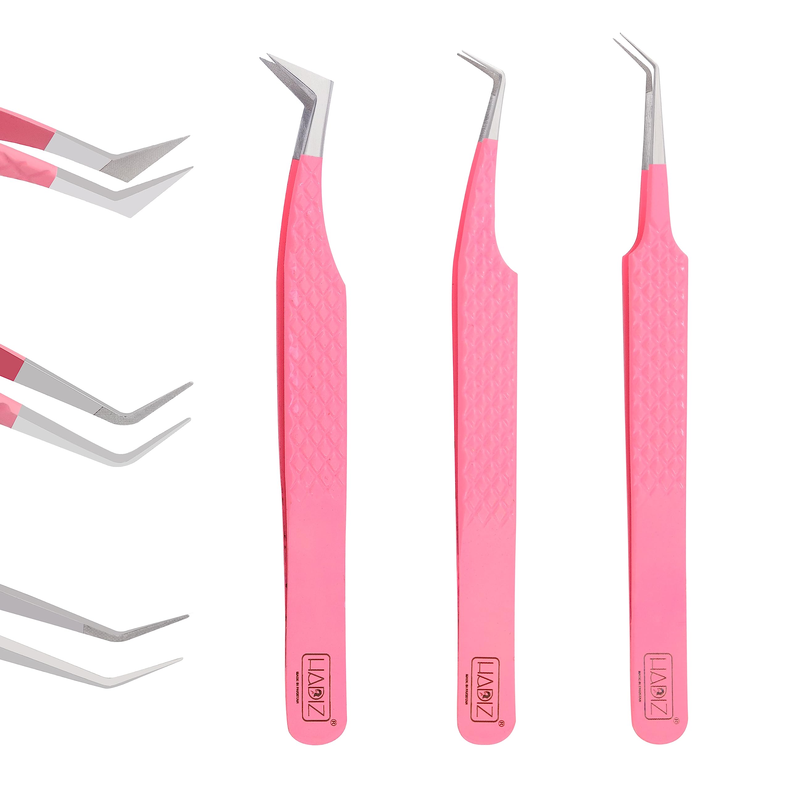 Hadiz Fiber Tip Volume Lash Tweezers Eyelash Extensions Volume Mega Volume 45 and 90 Degree Tweezers(Pack of 3, PINK)