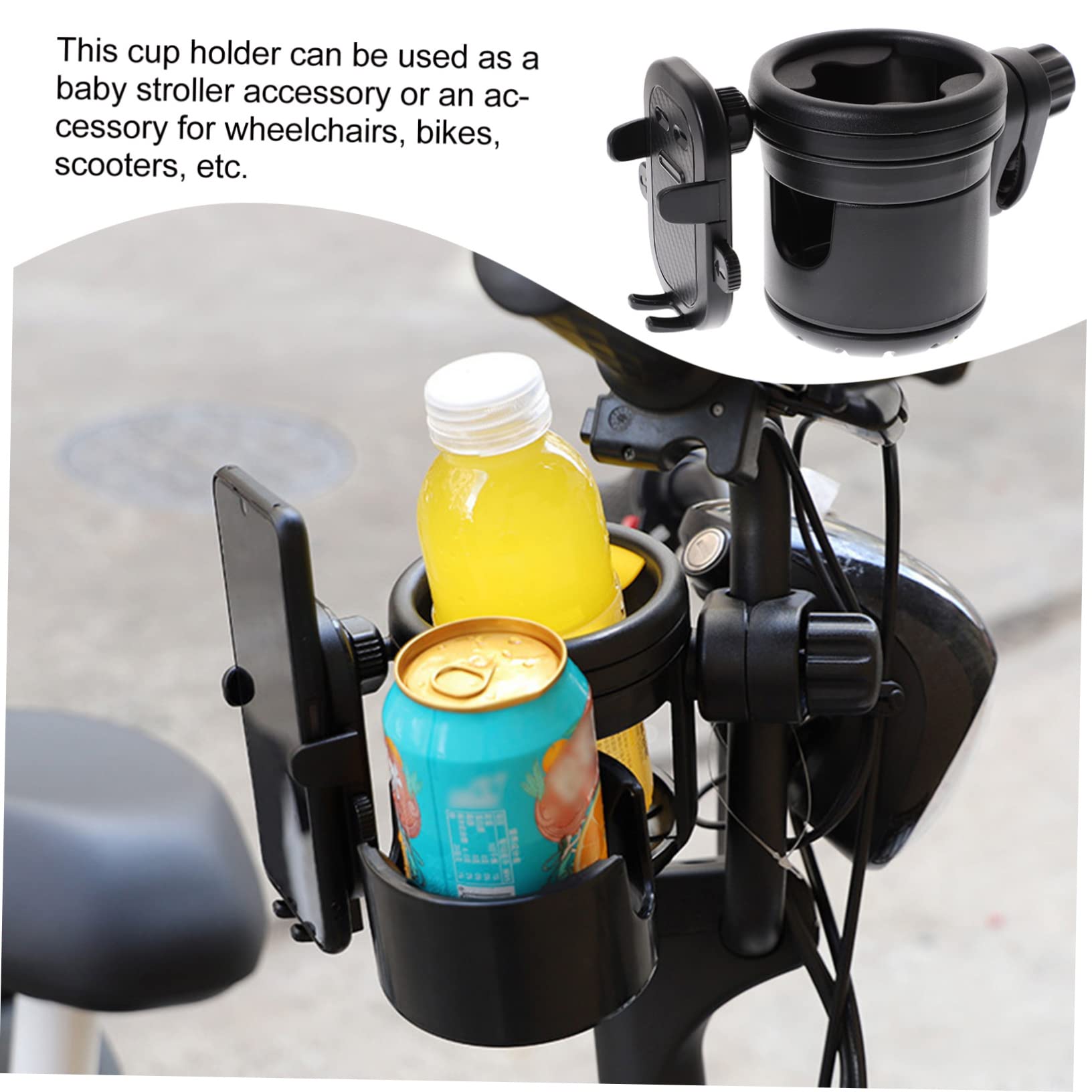 HANABASS Portabicchieri per Passeggino con Supporto per Smartphone, Fissaggio Sicuro per Bottiglia o Tazza, Plastico e Metallo, per Scooter e Parco