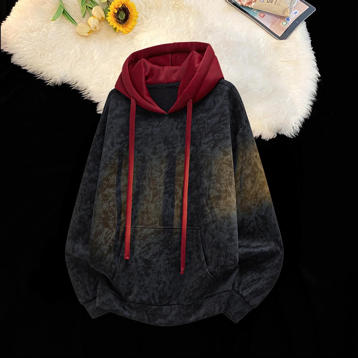 GURUNVANI Men's Oversized Tie Dye Hoodie Sweatshirt Contrast Color Long Sleeve Casual Streetwear Hooded Pullover