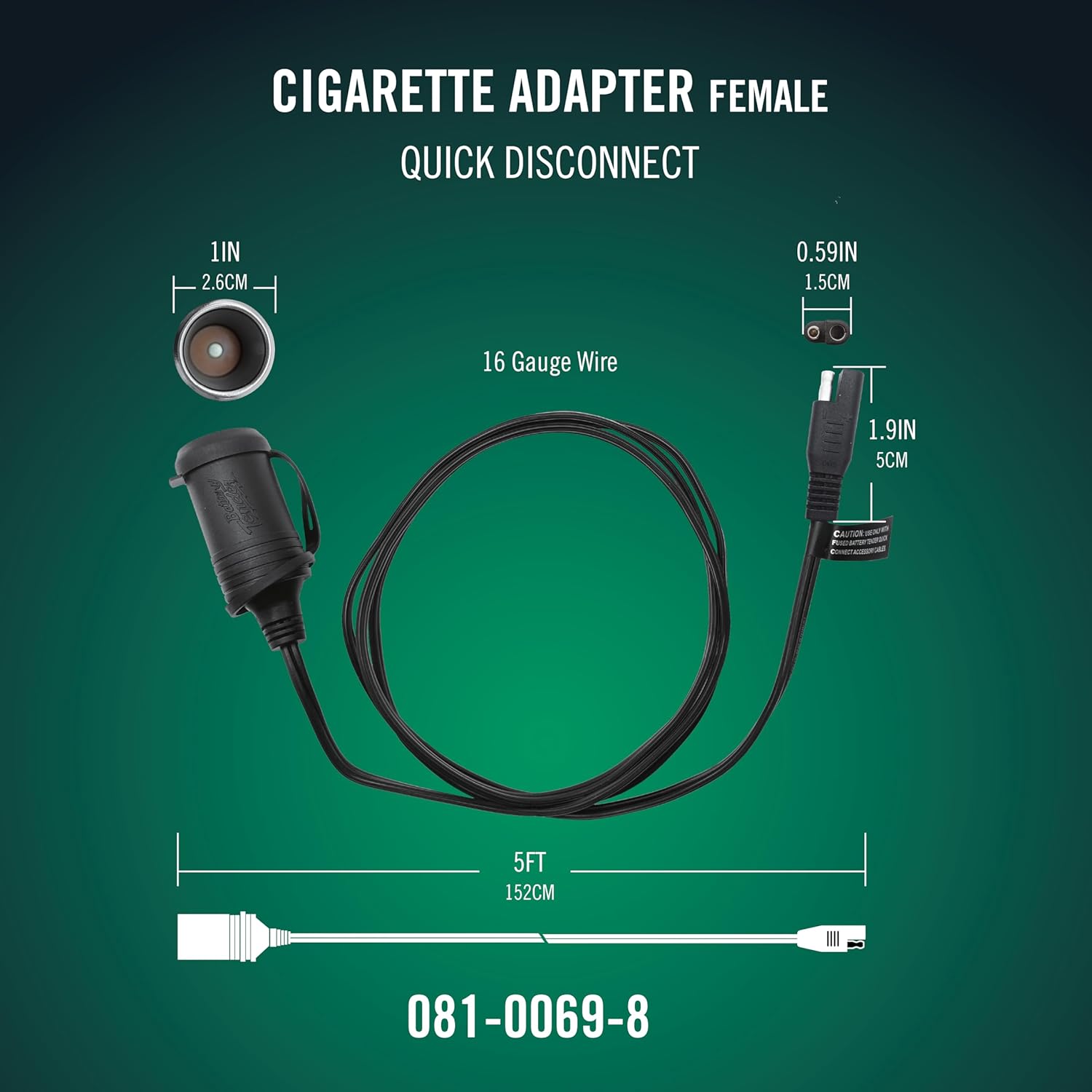 Battery Tender Female Cigarette Adapter with dimensions