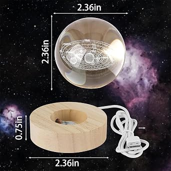 3D Crystal Ball,LED Night Light Solar System Crystal Ball with Wooden Base Galaxy Night Lights for Teens Boys and Girls Decorative Model (Moon,Medium)