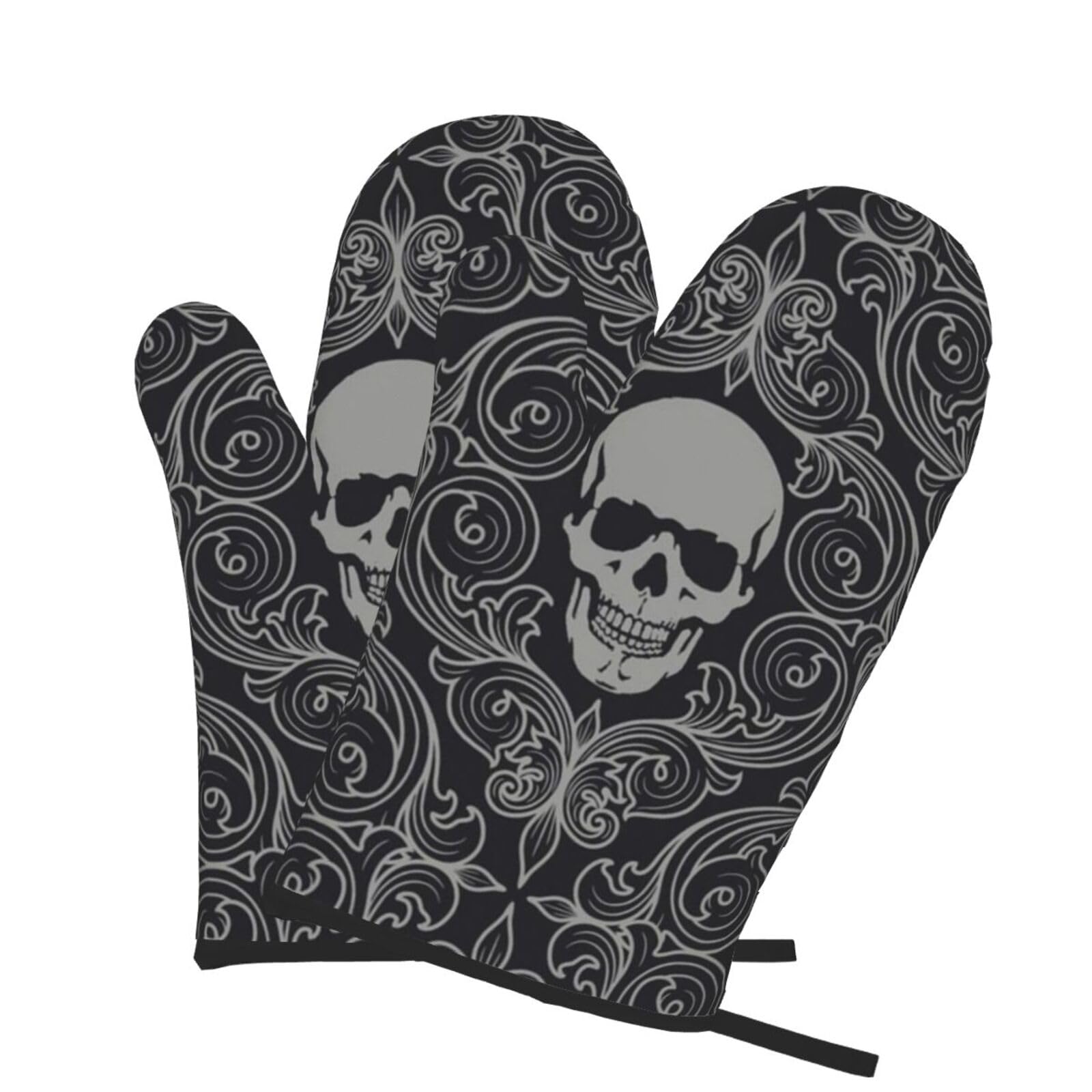 Oven Mitts Set of 2 Pcs, Skull Prints Heat Resistant Kitchen Gloves for Cooking Baking Grilling