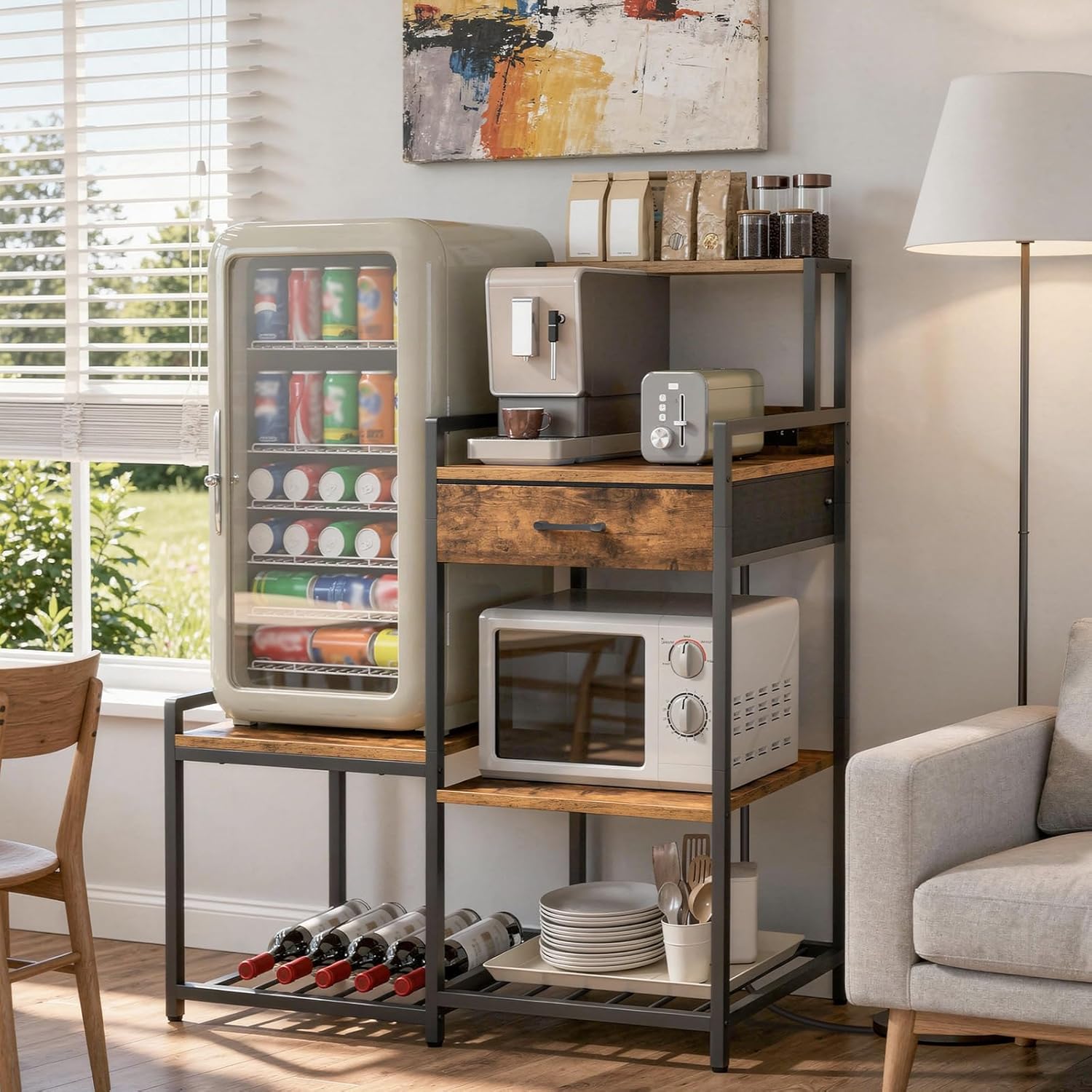 Bakers Rack and Mini Fridge Stand Bundle, Bakers Rack with Storage Shelves, Cofffee Bar Station with Wine Rack, Microwave Stand, Mini Fridge Cabinet for Kitchen, BRHR40E01N1-RSHR58E01