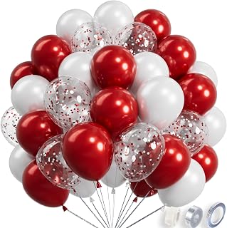 Metallic Shiny Red and White Balloons 12 Inch 68PCS Red White Confetti Balloons Latex Helium Balloon Set for Graduation Wedding Birthday Party Decorations