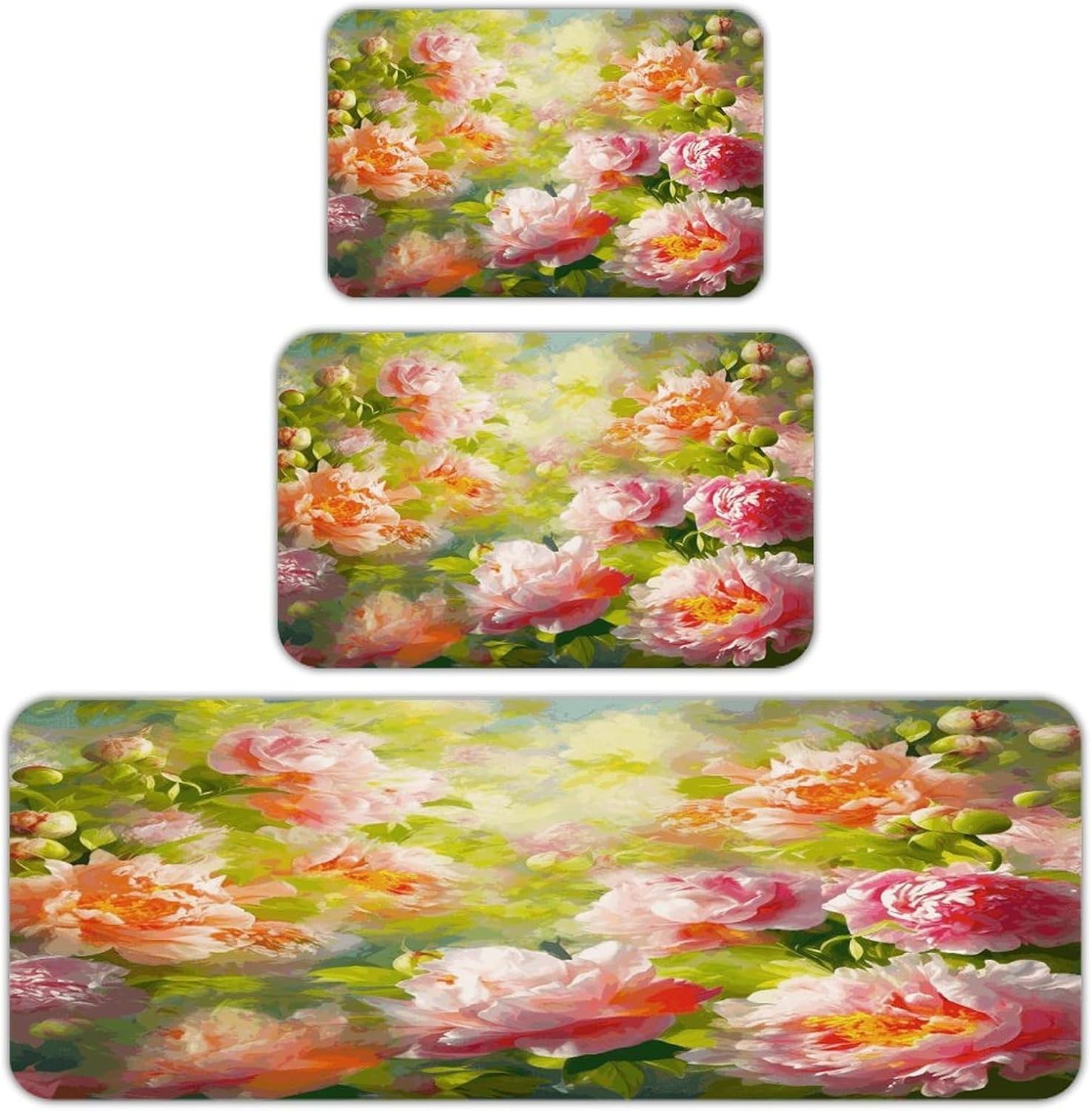 Bright Peonies Kitchen Rugs Sets of 3 Washable Non Slip Kitchen Rug Water Resistant Carpet Piece Anti Fatigue Kitchen Mats Soft Comfort Standing Mat Modern Area Rug
