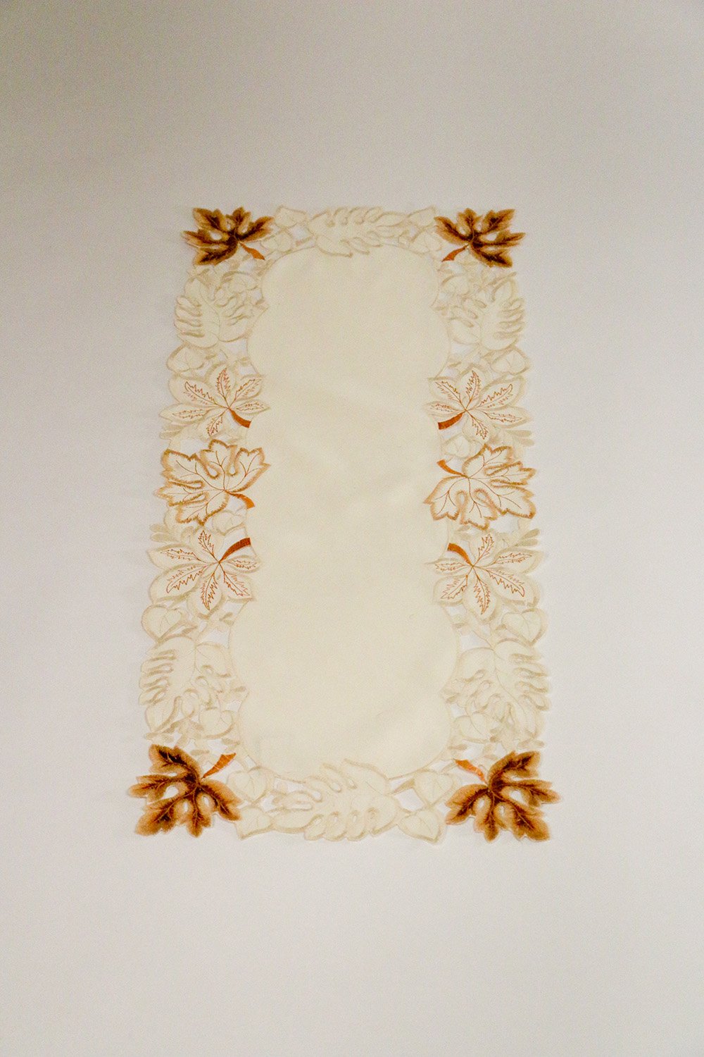 Embroidered Autumn Bronze Leaves Table Runner – 36” Hand Cutwork Home Decorating Linens - Parties, Fall Centerpieces & Gift