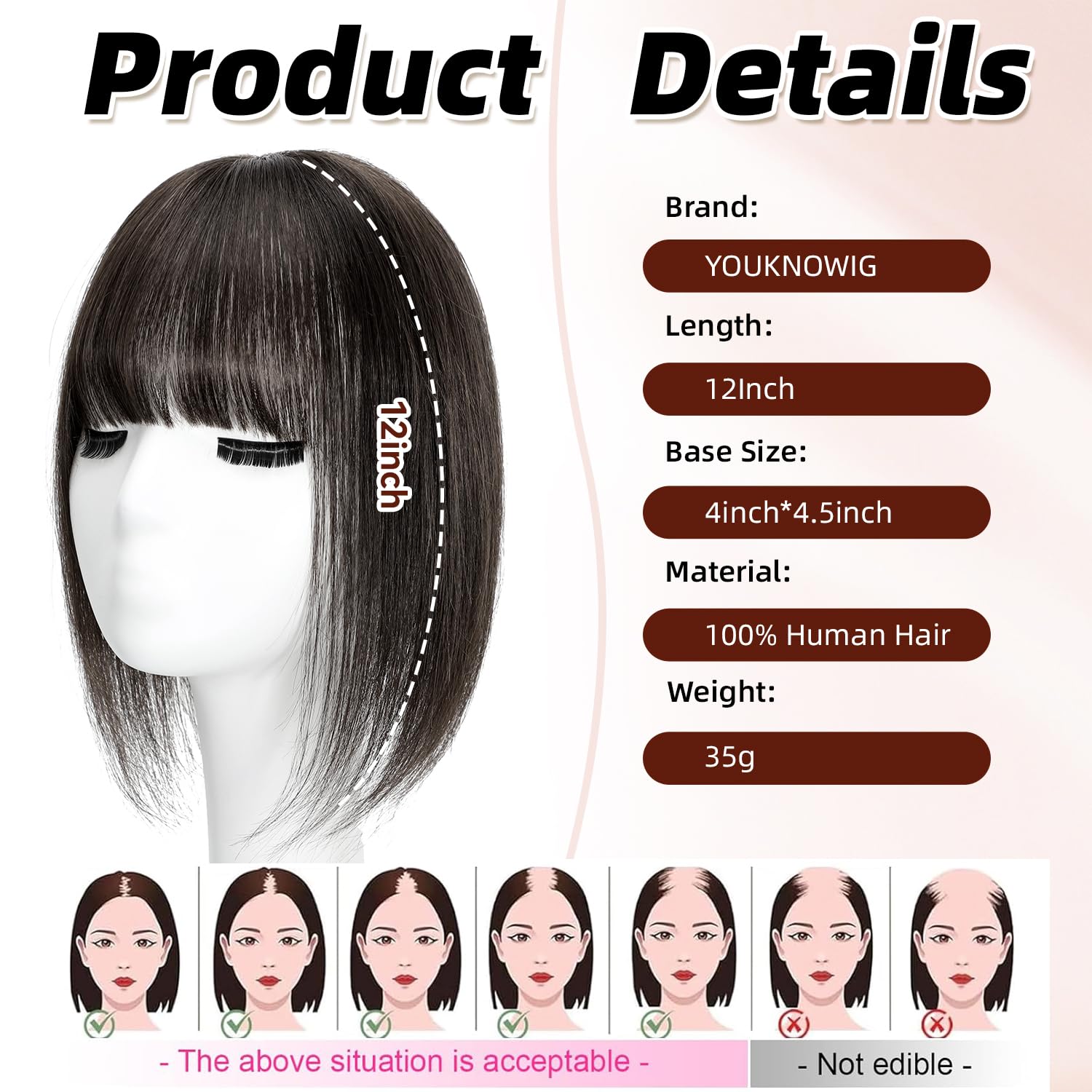 Hair Toppers for Women Real Human Hair Chocolate Brown 12inch Hair Toppers with Bangs for women,Clip in Bangs Human hair Topper Hair Extensions/Pieces Upgrade Lace Base