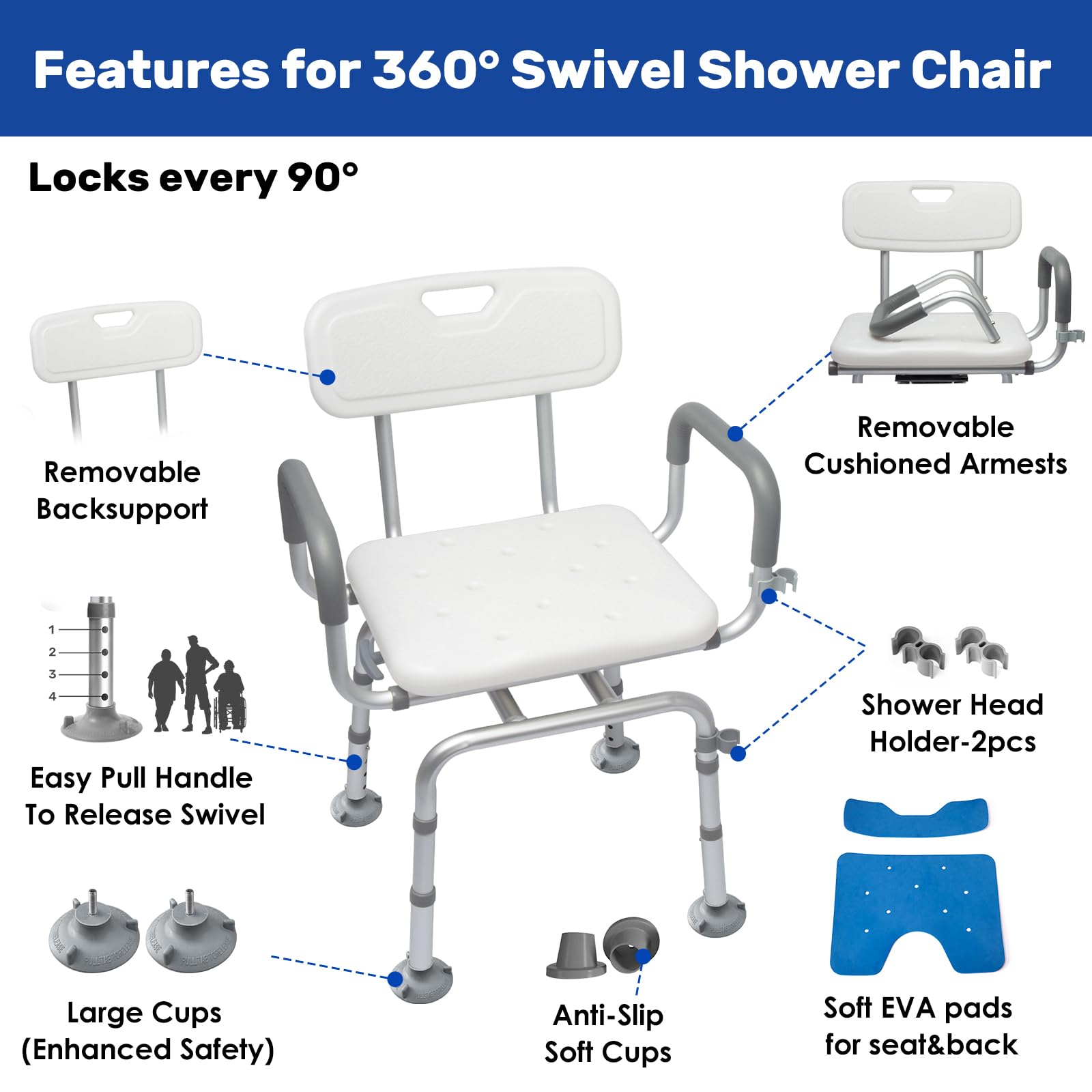 Silla de Ducha giratoria de 360° con Respaldo y Brazos, Silla de Ducha giratoria para discapacitados con Almohadillas a Prueba de frío, soporta 400 Libras, Montaje sin Herramientas, Silla de Ducha