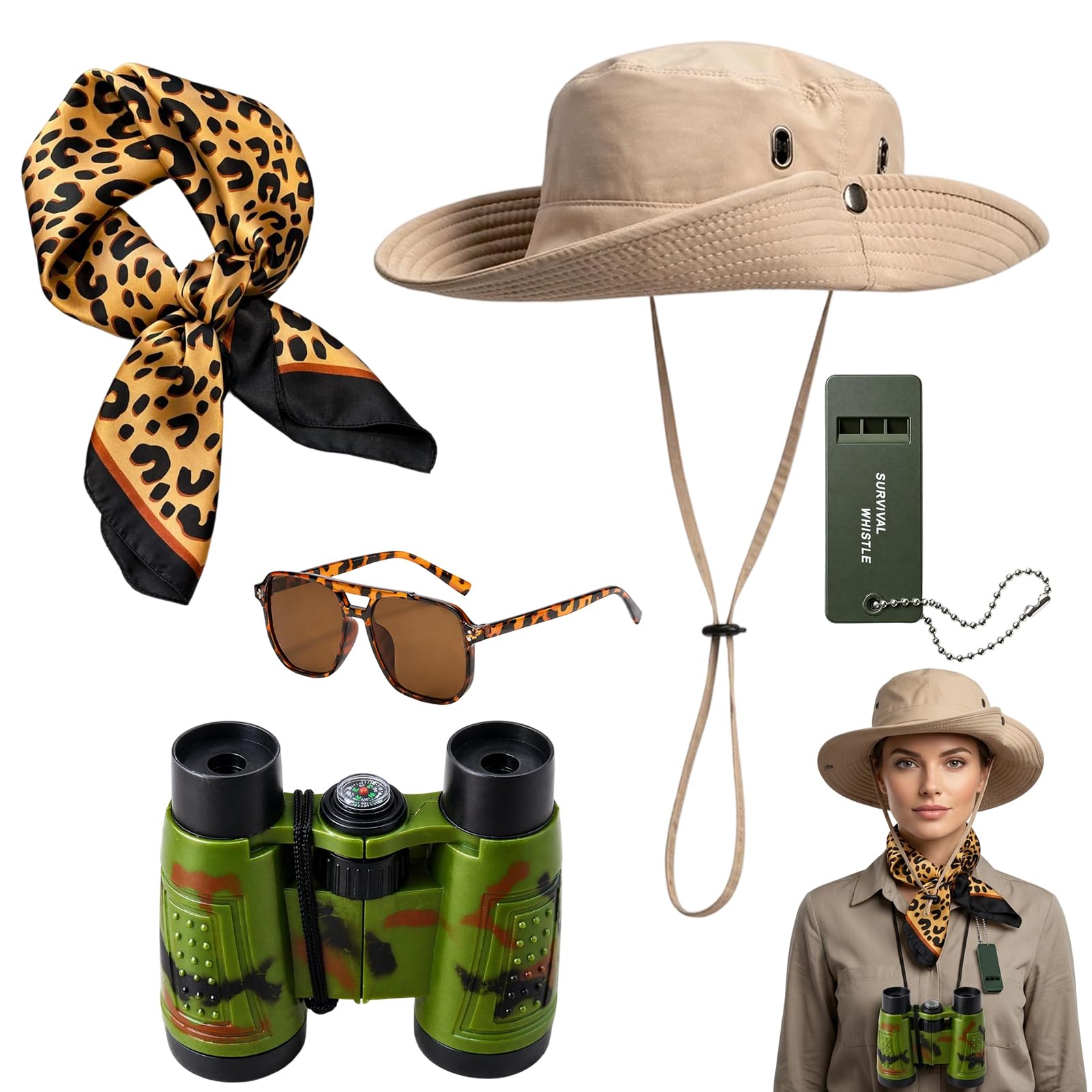 CYCFMYYLY 5 PCS Safari Costume Accessories Set, Explorer Zookeeper Costume with Leopard Print Scarf, Safari Hat, Binoculars, Sunglasses, Whistle for Halloween Cosplay Outdoor Adventures